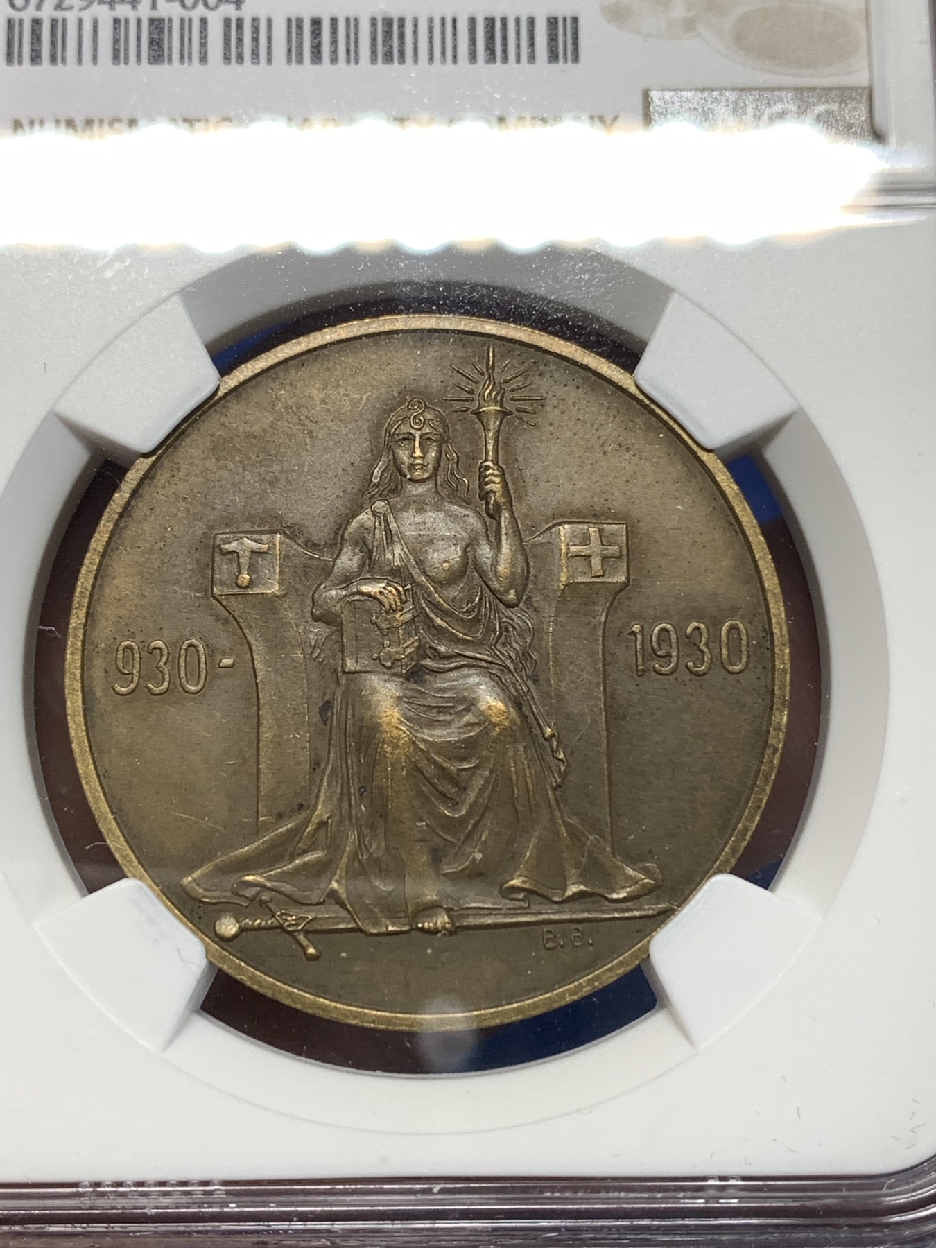 《竞宝斋》第260场-周日，周一，周二 3场连拍 (全场包邮) NGC MS63 冰岛1930年冰岛千年议会纪念2克朗铜币，收录于克劳斯世界珍惜币目录