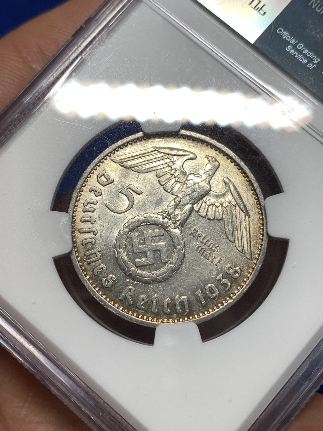 《竞宝斋》第260场-周日，周一，周二 3场连拍 (全场包邮) NGC MS63 德国1938F兴登堡原光5马克银币，发行量74W，少见厂别