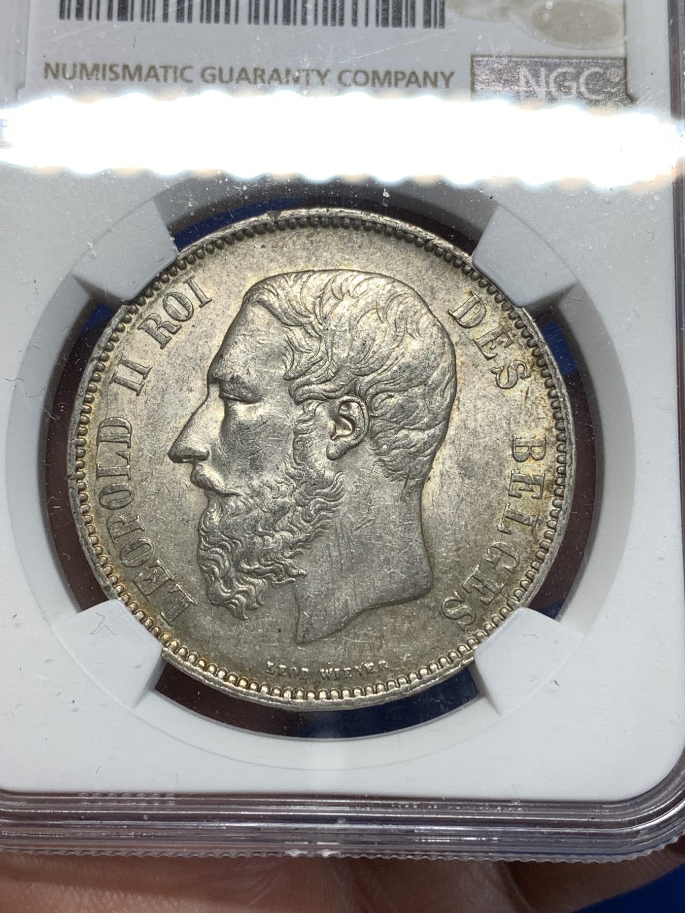 《竞宝斋》第260场-周日，周一，周二 3场连拍 (全场包邮) NGC AU58 比利时1870年利奥波德二世5法郎银币