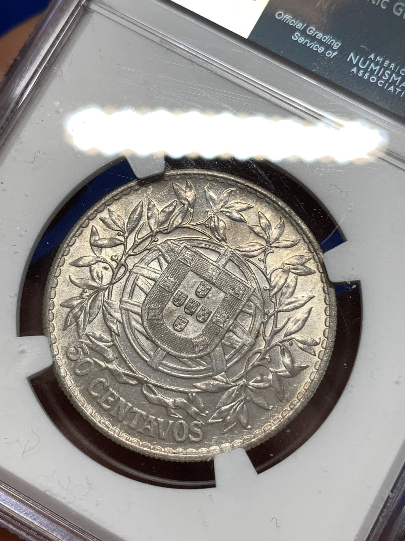 《竞宝斋》第260场-周日，周一，周二 3场连拍 (全场包邮) NGC MS62 葡萄牙1916年 自由女神半圆 50分银币