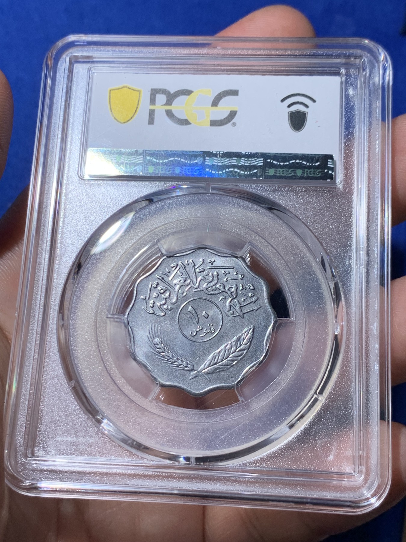 《竞宝斋》第260场-周日，周一，周二 3场连拍 (全场包邮) PCGS金盾 MS66 伊拉克1975年枣椰树10费尔不锈钢币，唯一亚军分，更高分仅一枚