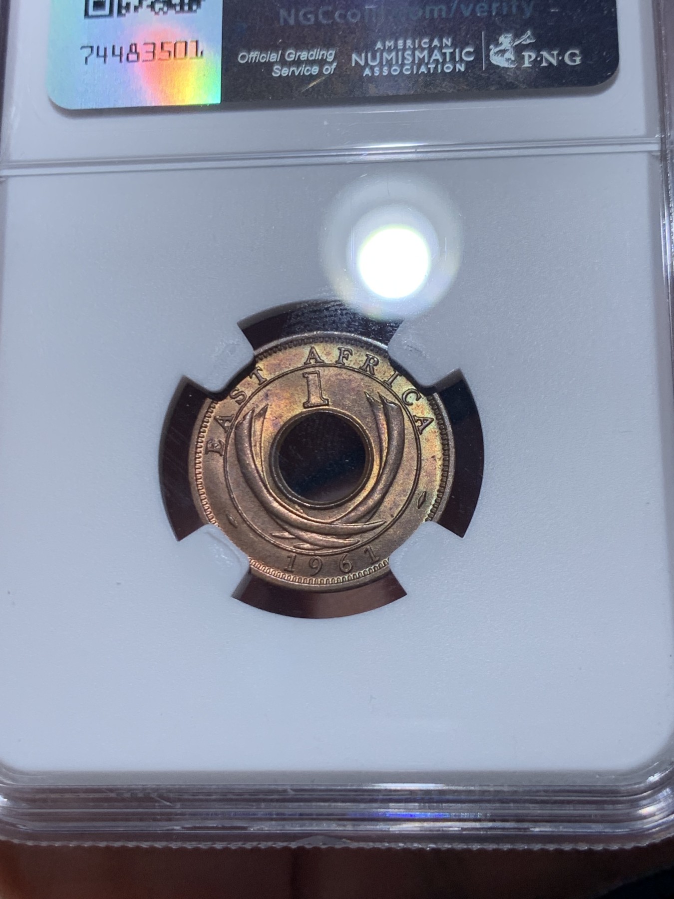 《竞宝斋》第260场-周日，周一，周二 3场连拍 (全场包邮) 两枚一组 NGC MS63/MS64RB 英属东非1911/1961年1分中孔币，从乔治五世东非乌干达保护地到伊丽莎白二世东非殖民地，相隔半个世纪的相遇