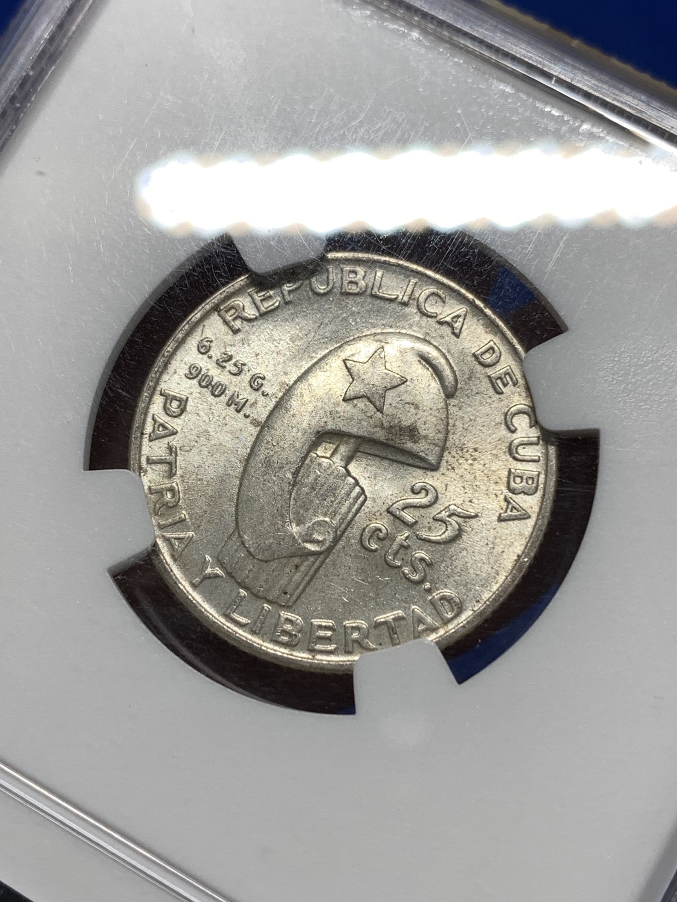 《竞宝斋》第260场-周日，周一，周二 3场连拍 (全场包邮) NGC MS63 古巴 1953年 25分 银币