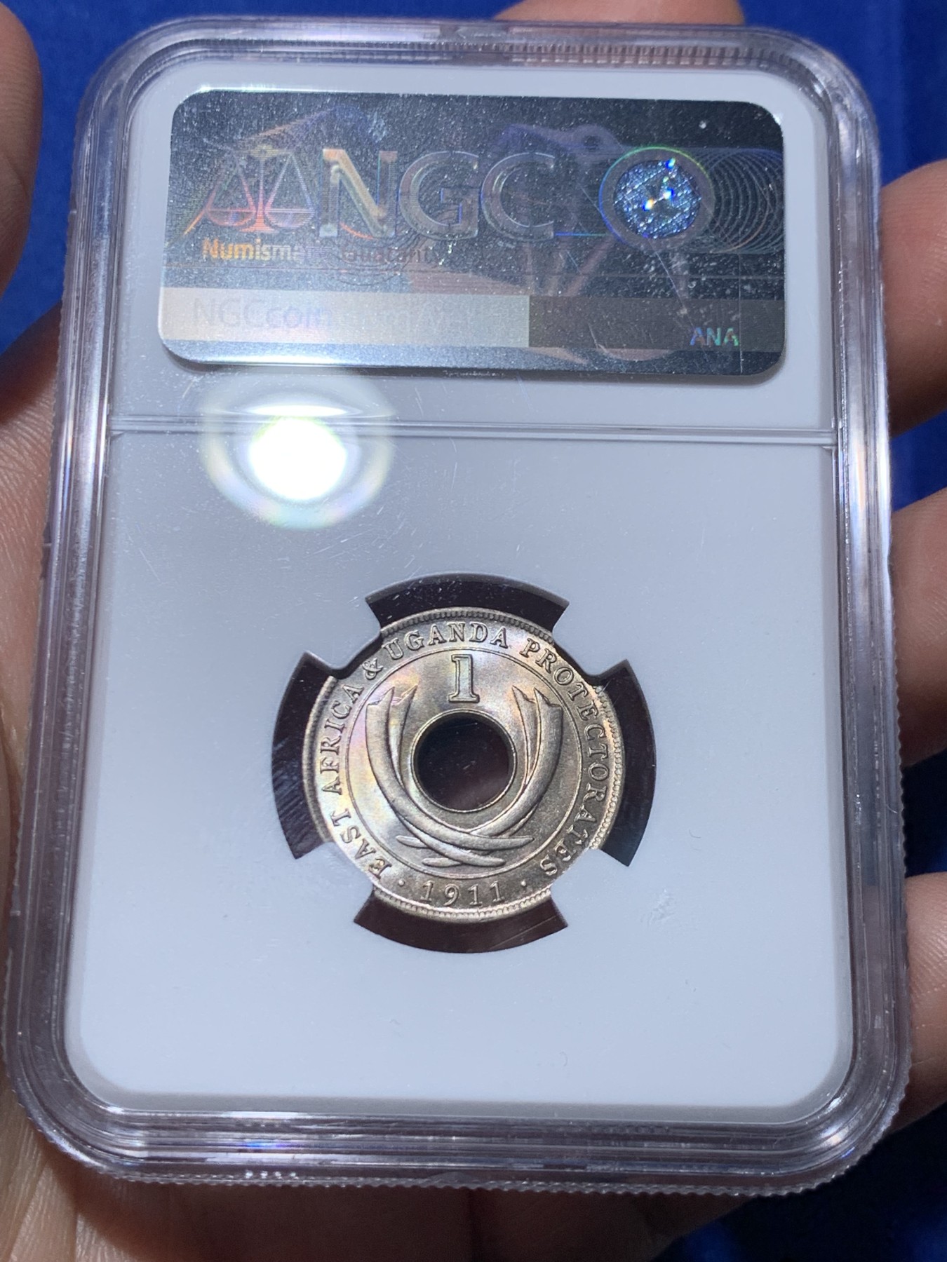 《竞宝斋》第260场-周日，周一，周二 3场连拍 (全场包邮) 两枚一组 NGC MS63/MS64RB 英属东非1911/1961年1分中孔币，从乔治五世东非乌干达保护地到伊丽莎白二世东非殖民地，相隔半个世纪的相遇