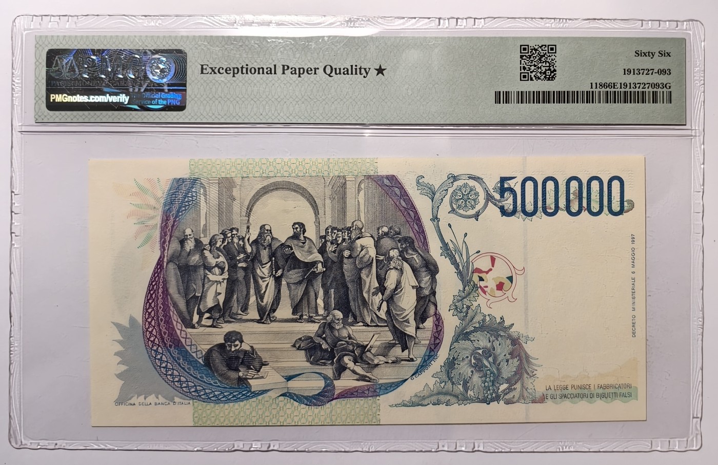 紫瑗钱币——第341期拍卖——纸币场 【PMG 66⭐️】意大利 1997年 拉斐尔 500000里拉 