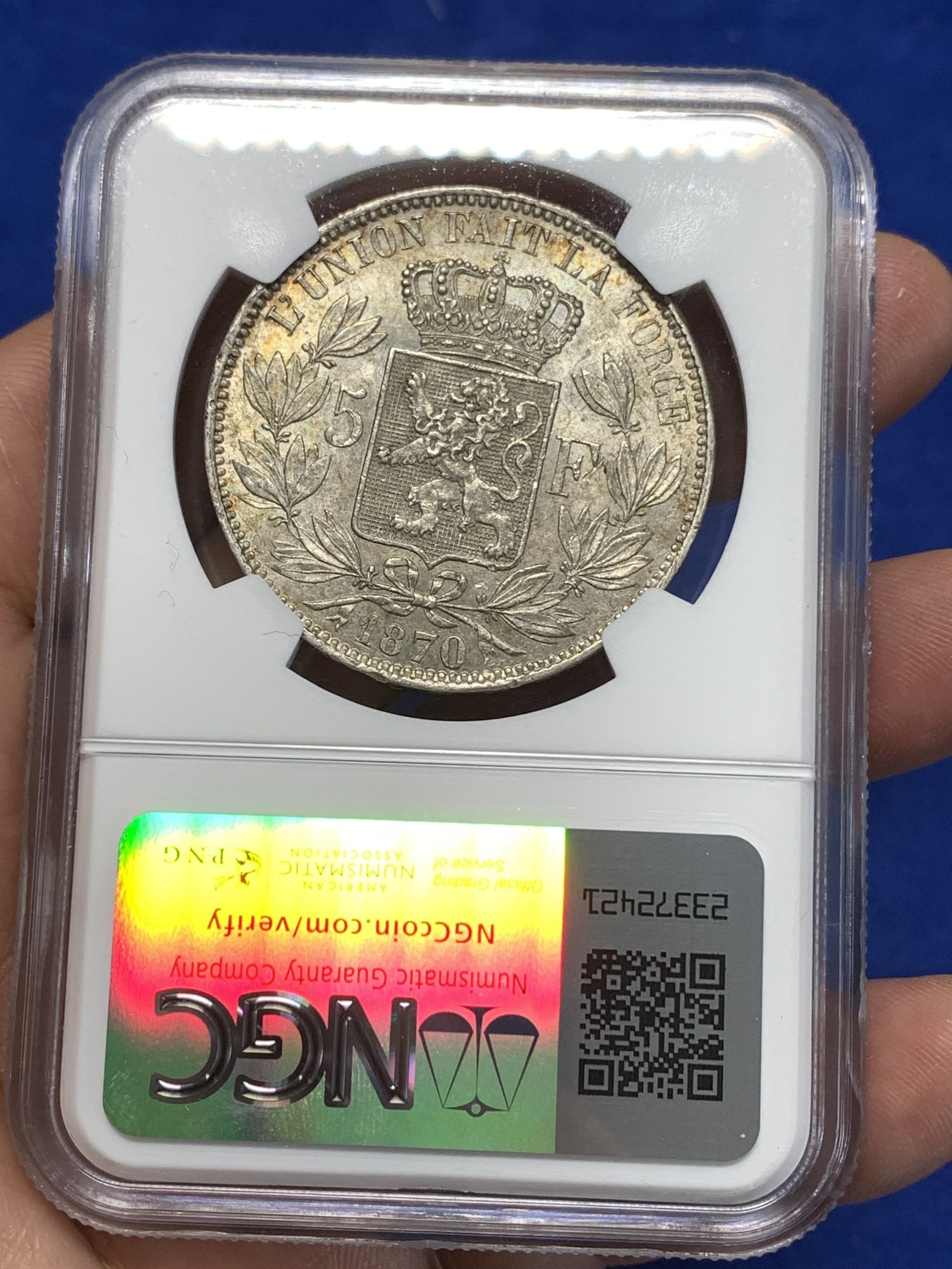 《竞宝斋》第260场-周日，周一，周二 3场连拍 (全场包邮) NGC AU58 比利时1870年利奥波德二世5法郎银币