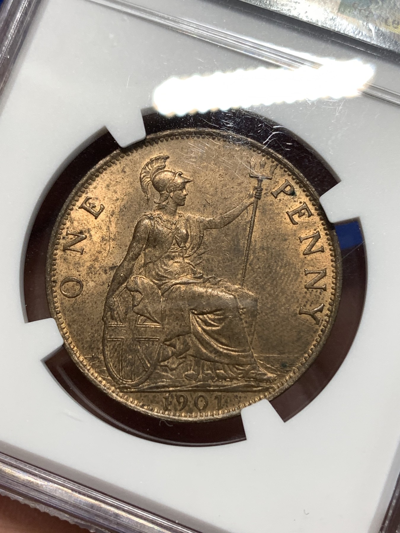 《竞宝斋》第260场-周日，周一，周二 3场连拍 (全场包邮) NGC MS63RB 英国1901年老维1便士铜币