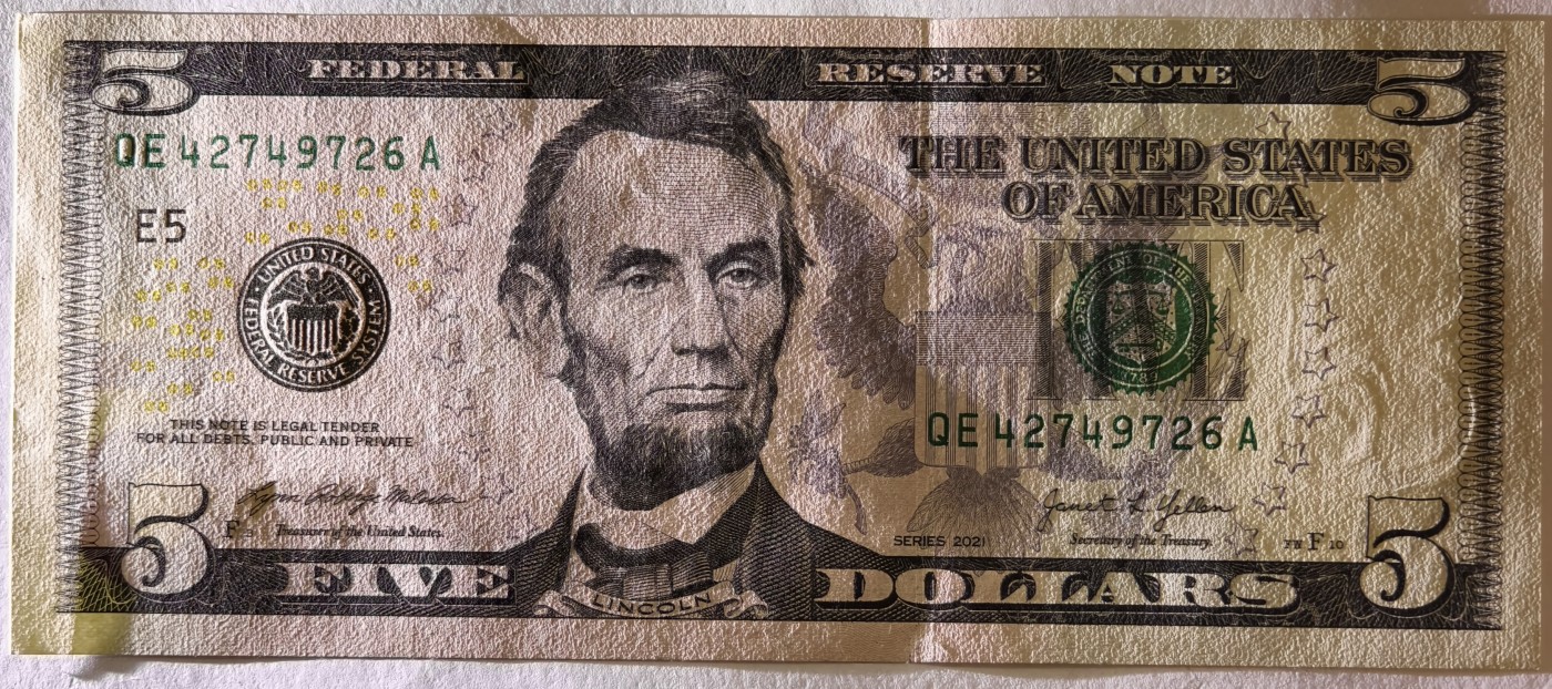 紫瑗钱币——第341期拍卖——纸币场 美国 2021年 E版 无序列 亚伯拉罕·林肯 5美元 彩色版 UNC