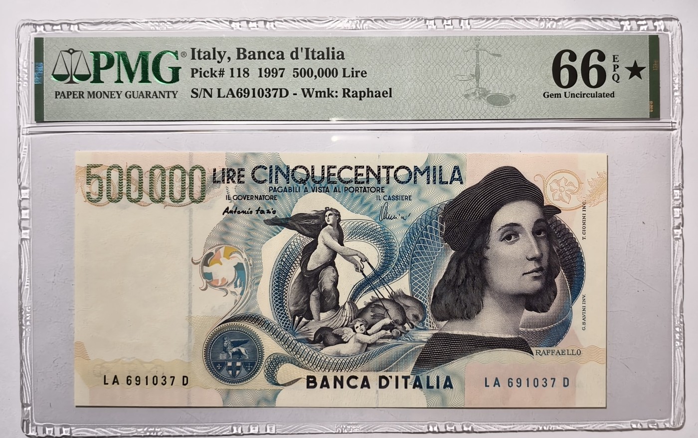紫瑗钱币——第341期拍卖——纸币场 【PMG 66⭐️】意大利 1997年 拉斐尔 500000里拉 
