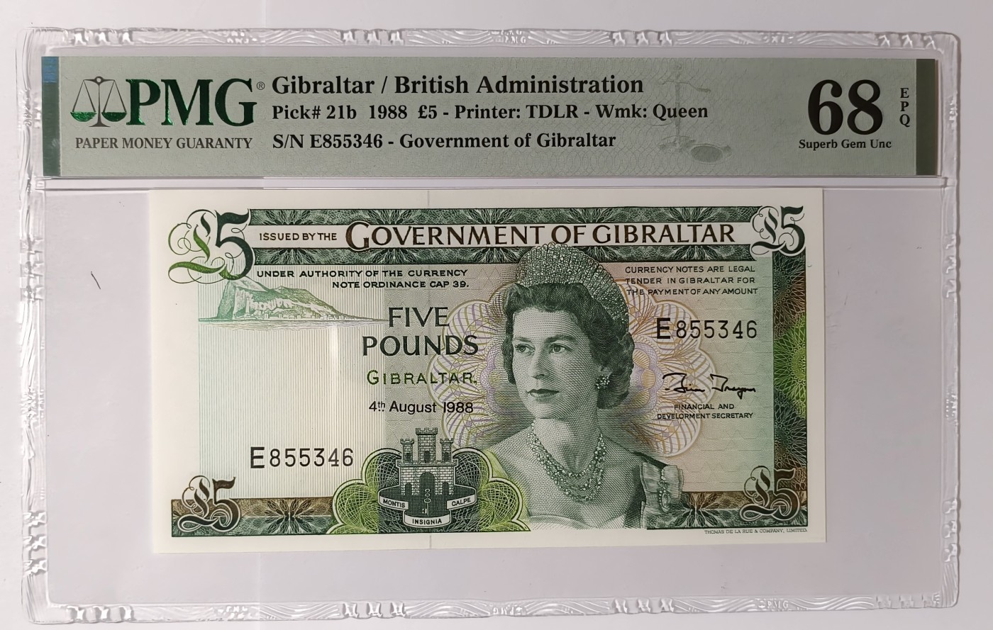 紫瑗钱币——第371期拍卖——纸币场 【PMG 68EPQ 高分】直布罗陀 1988年 伊丽莎白二世 高冠 5镑 (P-21b)