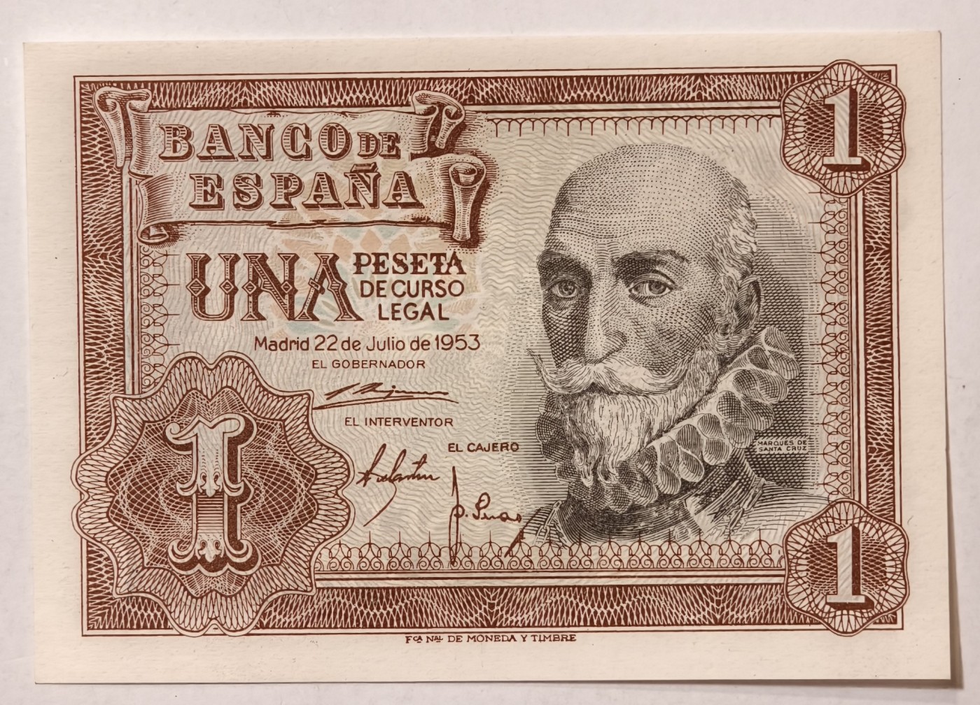 紫瑗钱币——第341期拍卖——纸币场 西班牙 1953年 阿尔瓦罗 1比塞塔 UNC (p-144a)