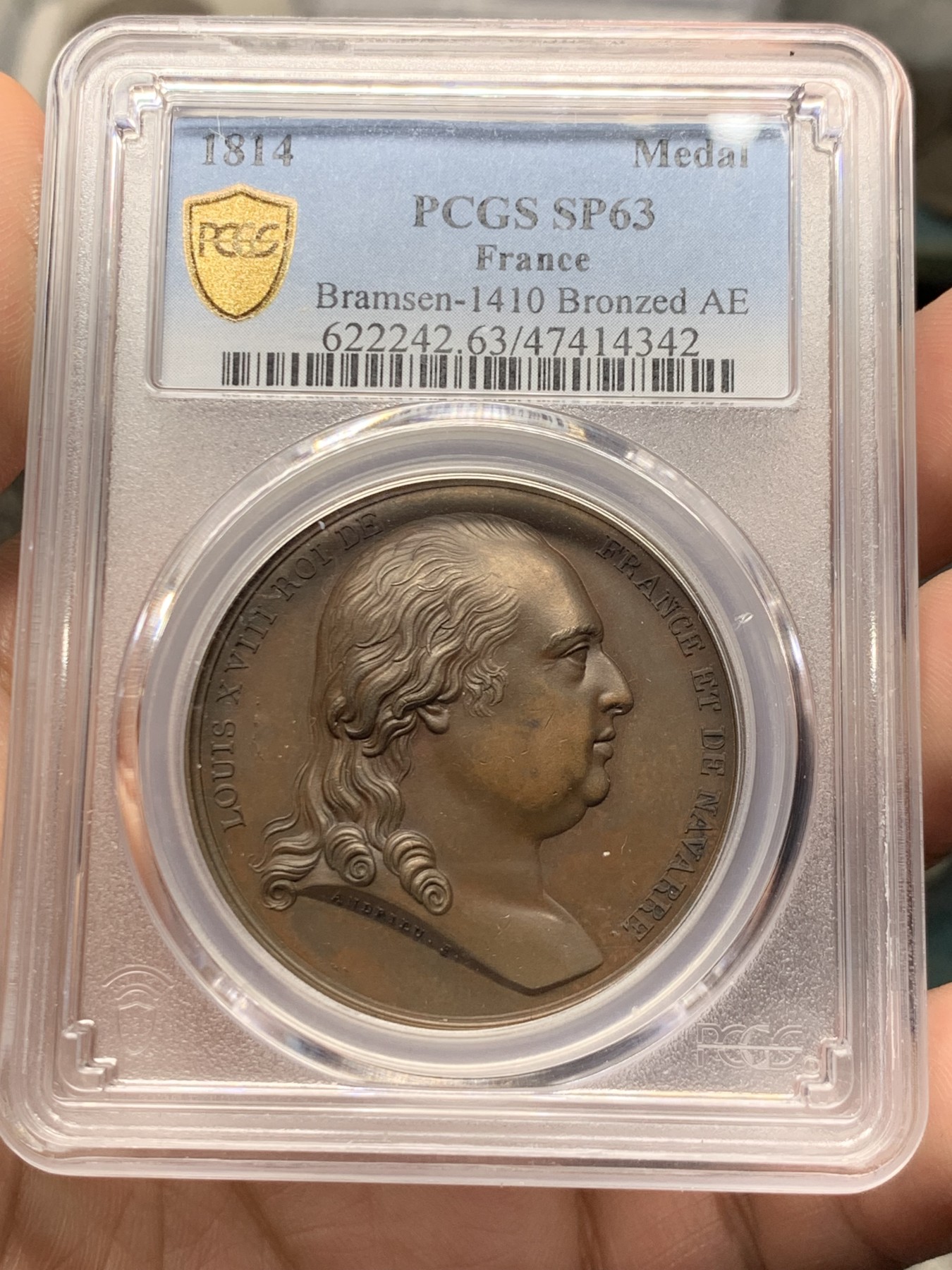 《竞宝斋》第261场-周日，周一，周二 3场连拍 (全场包邮) PCGS SP63 1814法国路易十八重返巴黎复辟铜章，拿破仑战败，老国王路易十八返回巴黎，更高仅2枚64。64分近日麦稀奇拍卖含佣金2225元成交