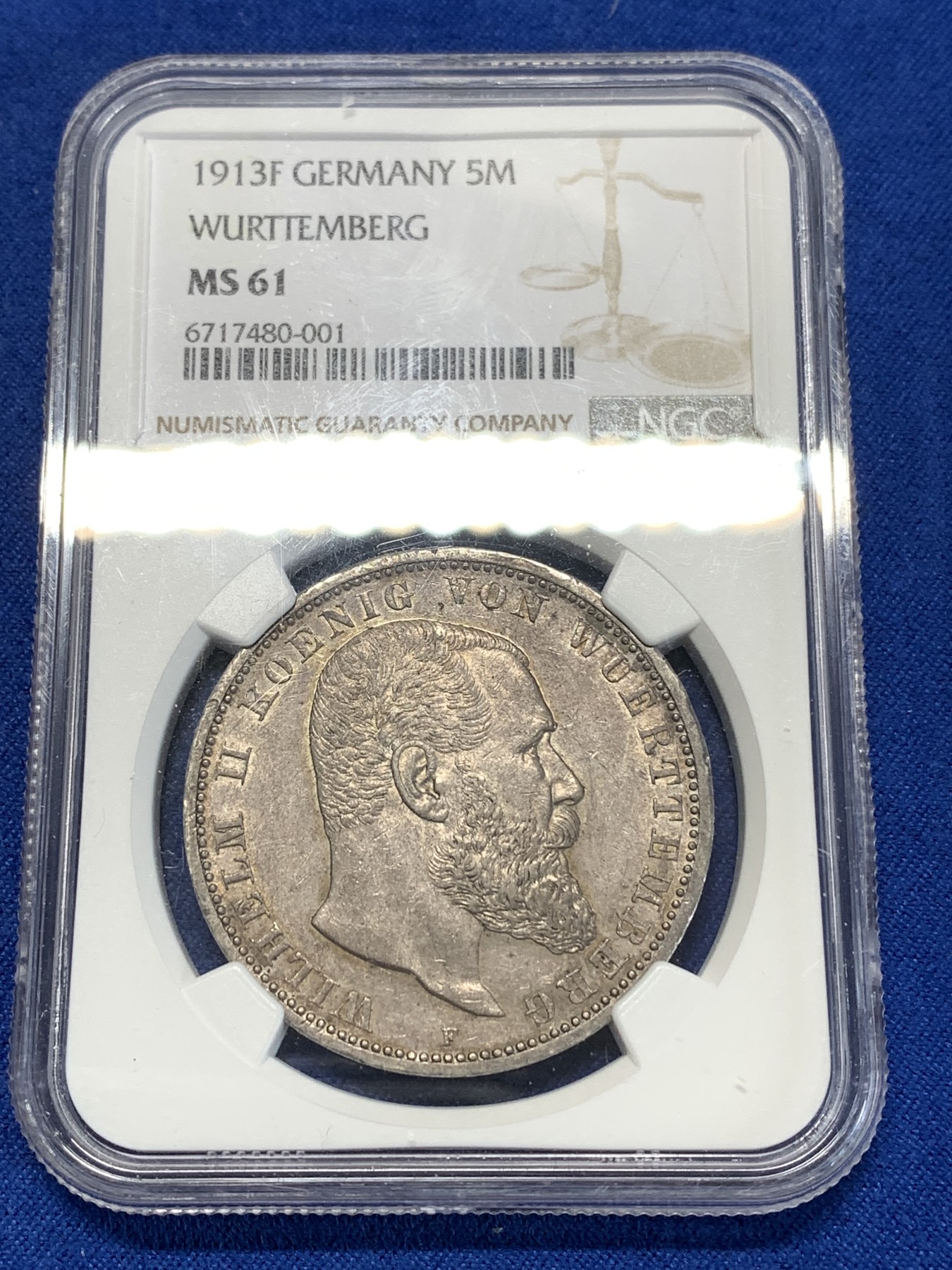 《竞宝斋》第261场-周日，周一，周二 3场连拍 (全场包邮) NGC MS61 德国 1913年 符腾堡 威廉二世 5马克 银币 欧洲老包浆