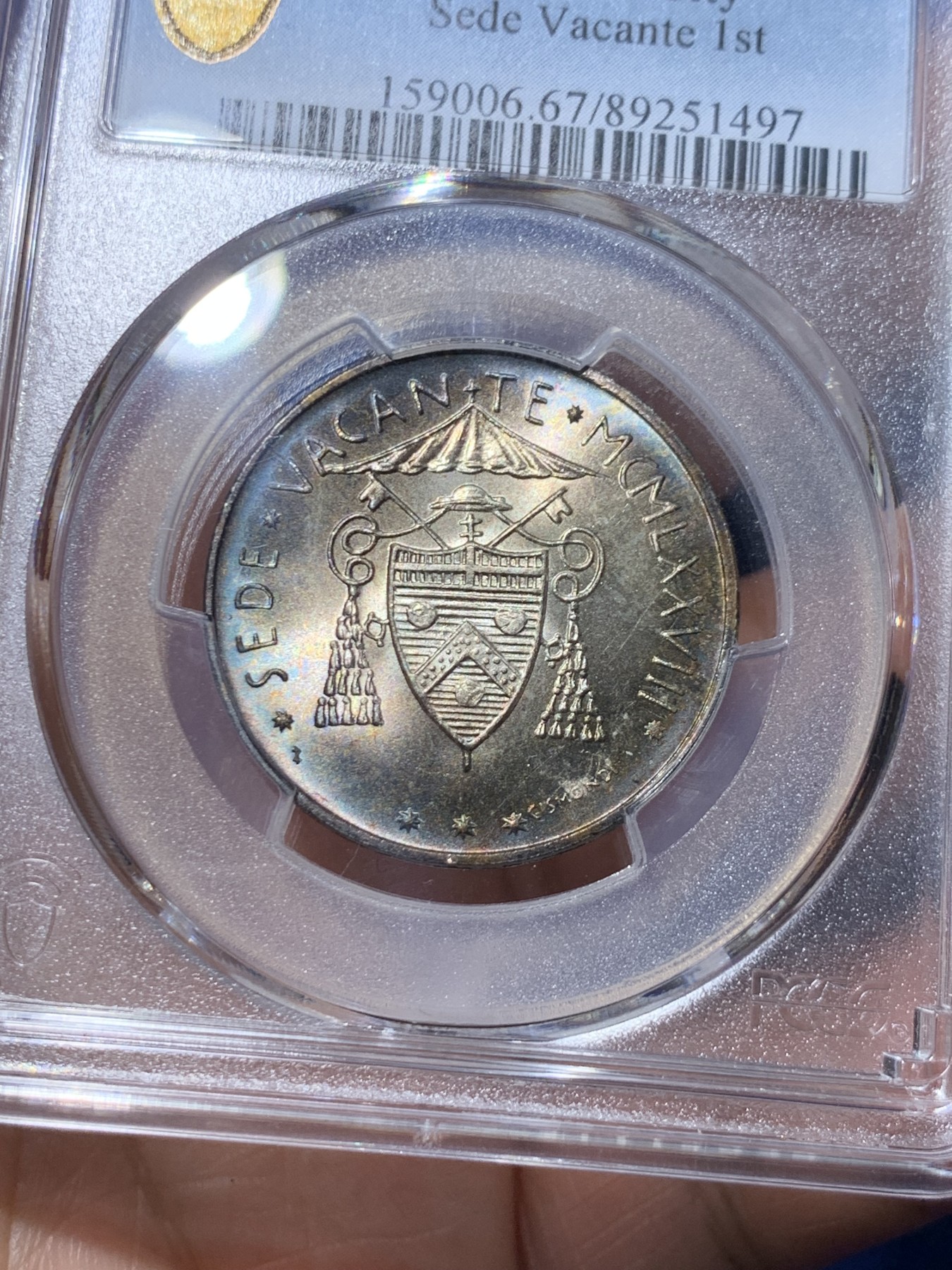 《竞宝斋》第261场-周日，周一，周二 3场连拍 (全场包邮) PCGS MS67 梵蒂冈1978年500里拉缺位纪念币，冠军分，双面带彩