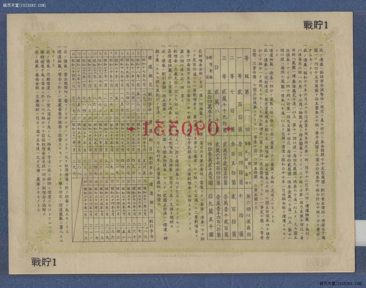 日本割增金附战时储蓄债券 昭和十七年 金拾五圆 第壹回 实物图 UNC