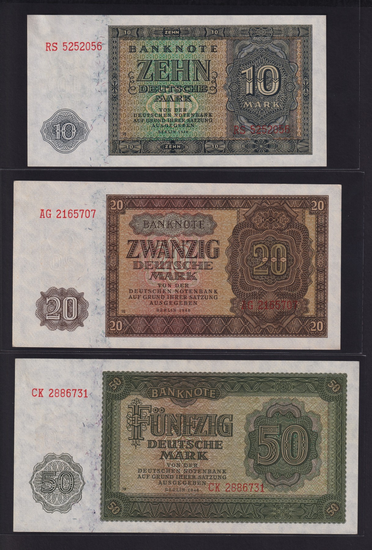 草稿银行第十九期国内外钞票拍卖 民主德国1948年10 20 50马克 民主德国代印 全新品相 库存冠 有点钞痕和银行注销章