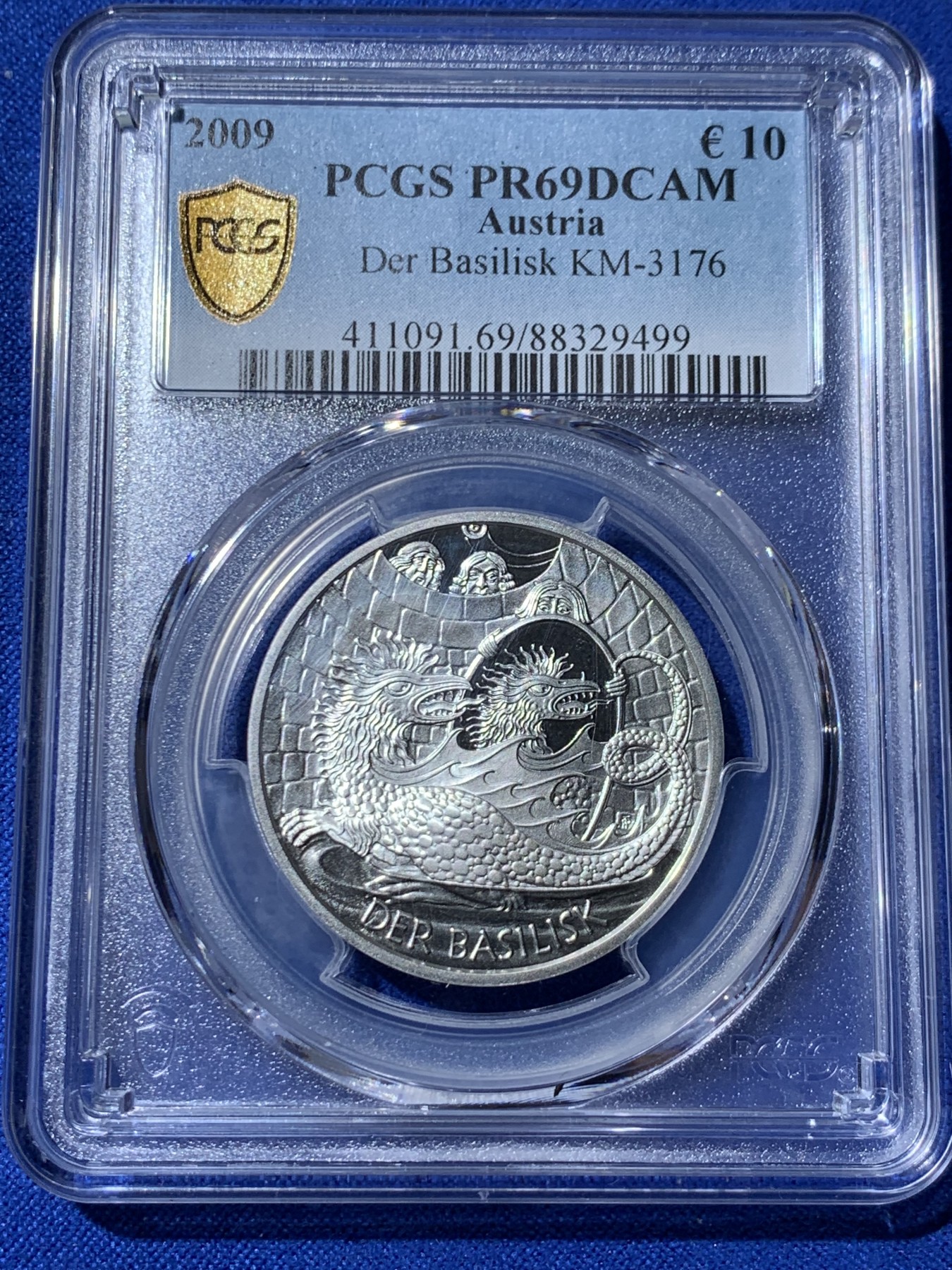 《竞宝斋》第261场-周日，周一，周二 3场连拍 (全场包邮) PCGS PR69DCAM 奥地利2009年发行古代神话巴吉里斯克蜥蜴10欧精制币（克劳斯获奖2011年最受欢迎银币）