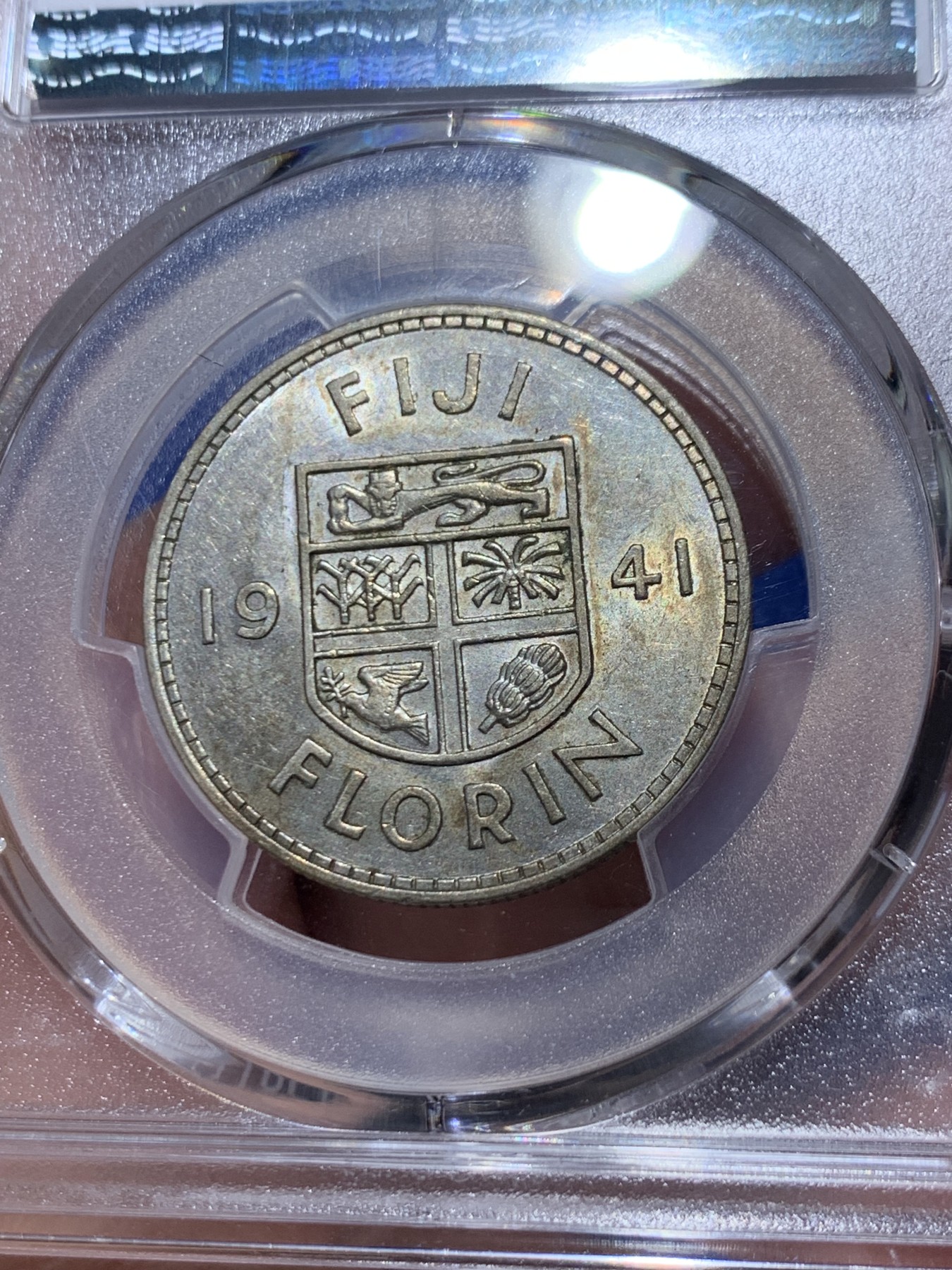 《竞宝斋》第261场-周日，周一，周二 3场连拍 (全场包邮) PCGS AU58 英属斐济 1941 乔六 1福林银币 特年 发行量仅2万枚