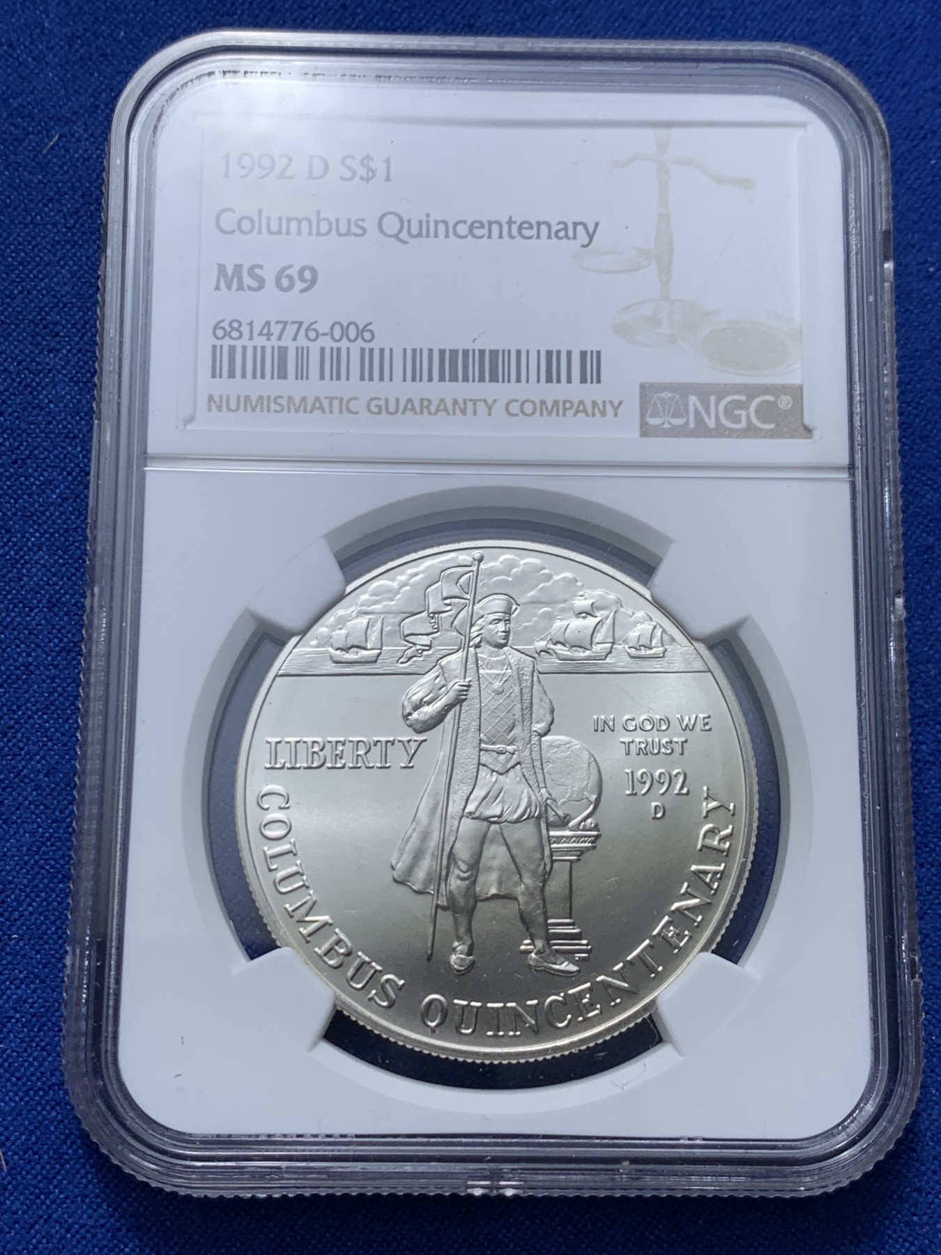 《竞宝斋》第261场-周日，周一，周二 3场连拍 (全场包邮) NGC MS69 美国1992年D版哥伦布1美元大银币