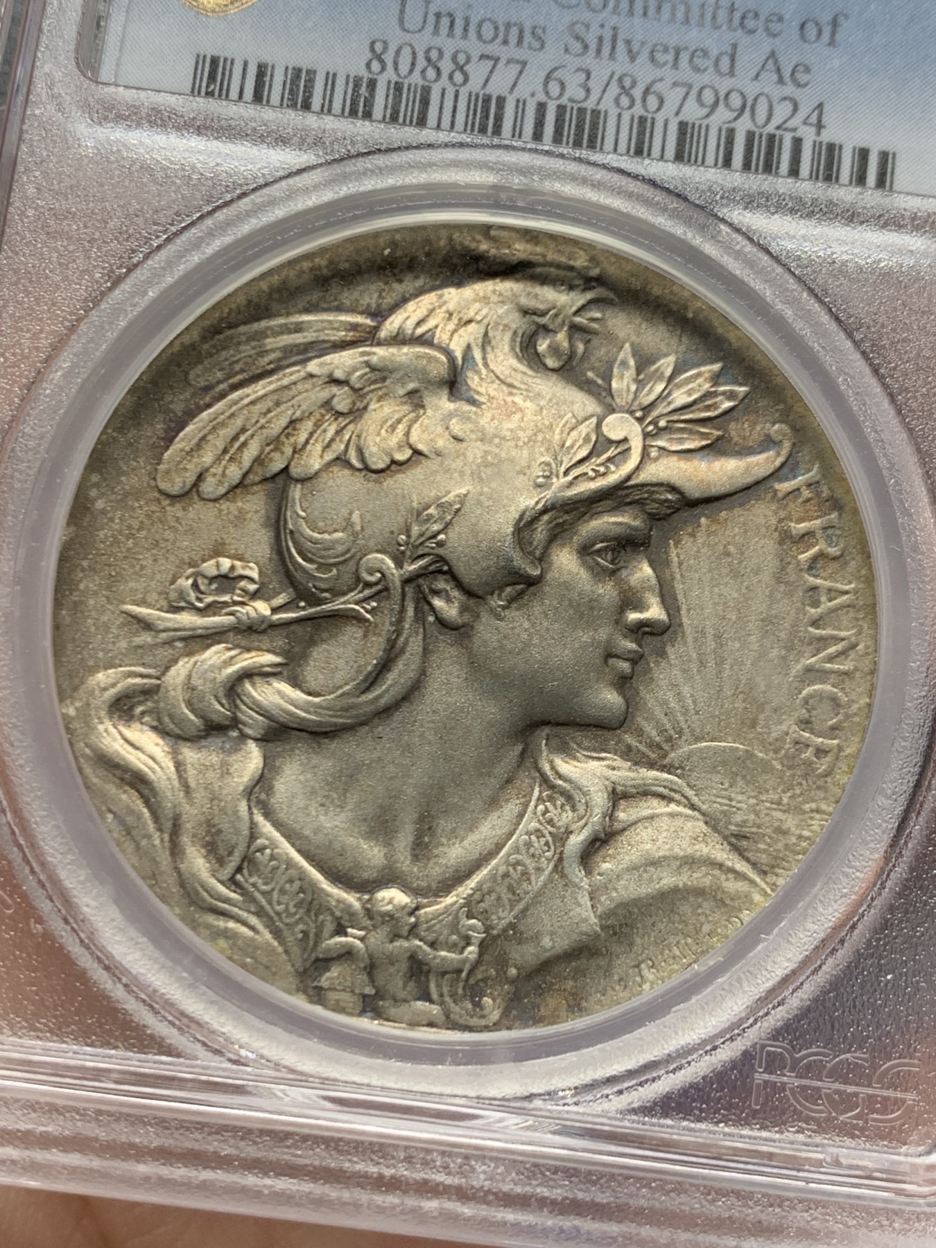 《竞宝斋》第261场-周日，周一，周二 3场连拍 (全场包邮) PCGS SP63 唯一冠军分 19世纪末 法国玛丽安娜女神镀银铜章，SP为首见，经典玛丽安娜女神。金彩纸袋包浆，双面完美状态，冠军品质！