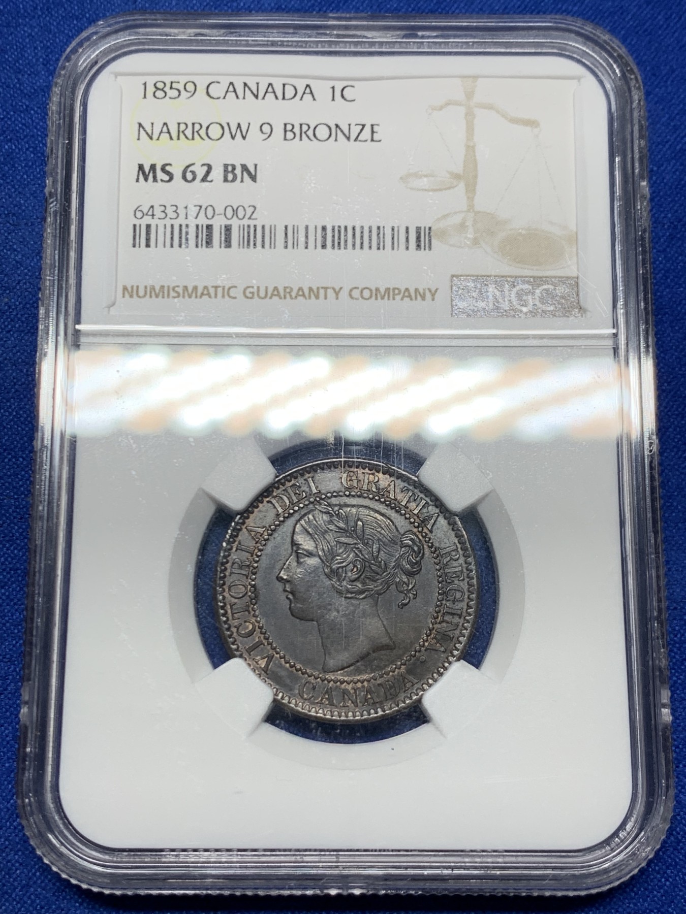 《竞宝斋》第261场-周日，周一，周二 3场连拍 (全场包邮) NGC MS62BN 1859年加拿大维多利亚女王1分铜币，加拿大早期钱币大多为特年特版，价极高。HA拍卖64分有840美刀的成交记录