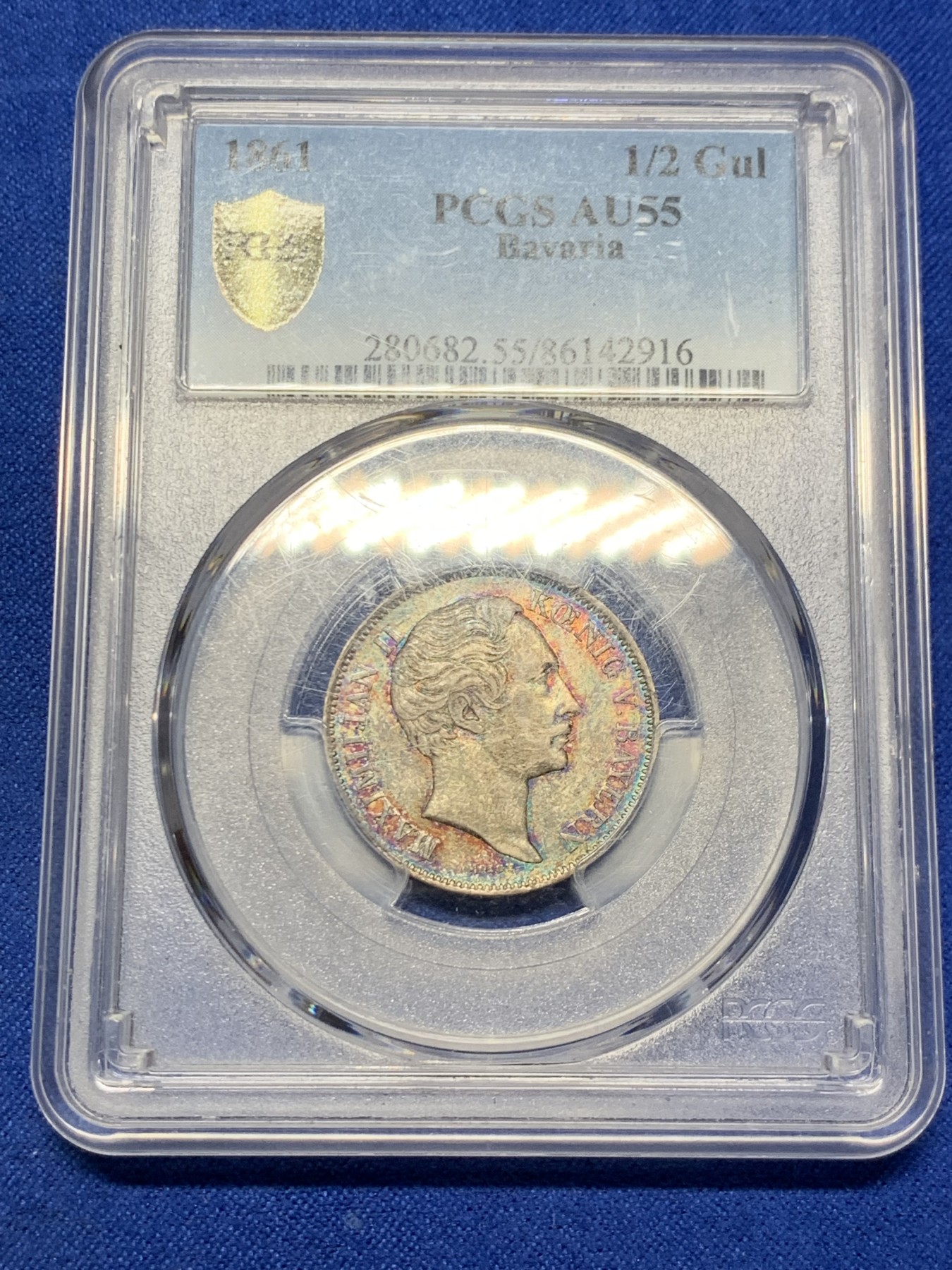 《竞宝斋》第261场-周日，周一，周二 3场连拍 (全场包邮) PCGS AU55 德国巴伐利亚 1861年 1/2古尔登 银币 正面五彩包浆反面黑包浆
