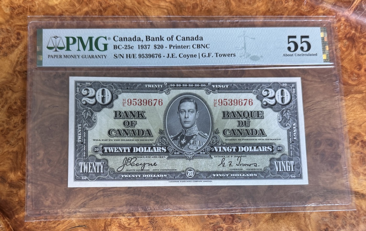 Chase Auction 第28期 - - 外钞、民国钞和人民币混合场！ 1937年加拿大20元，PMG55！