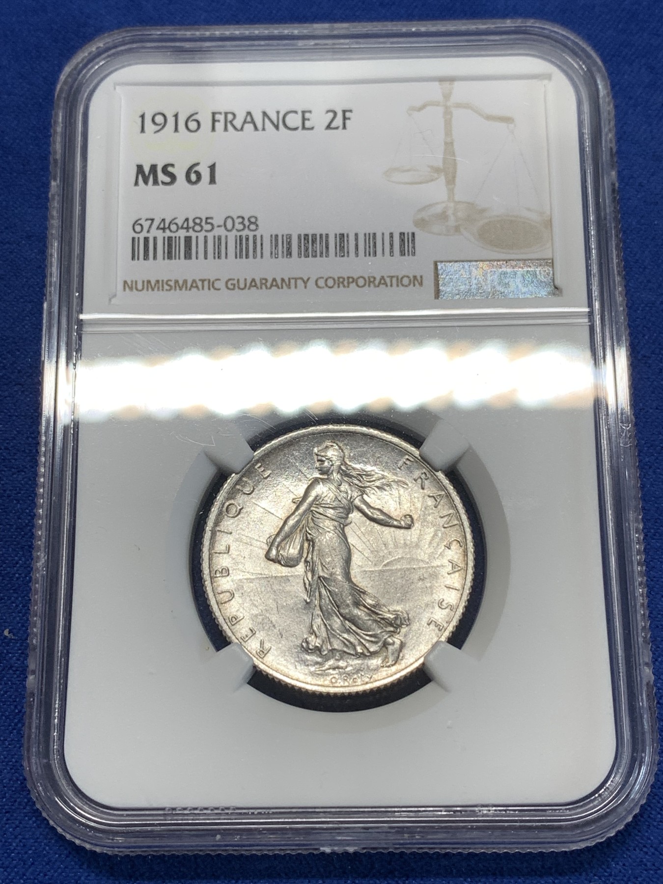 《竞宝斋》第261场-周日，周一，周二 3场连拍 (全场包邮) NGC MS61 法国1916年播种女神2法郎银币