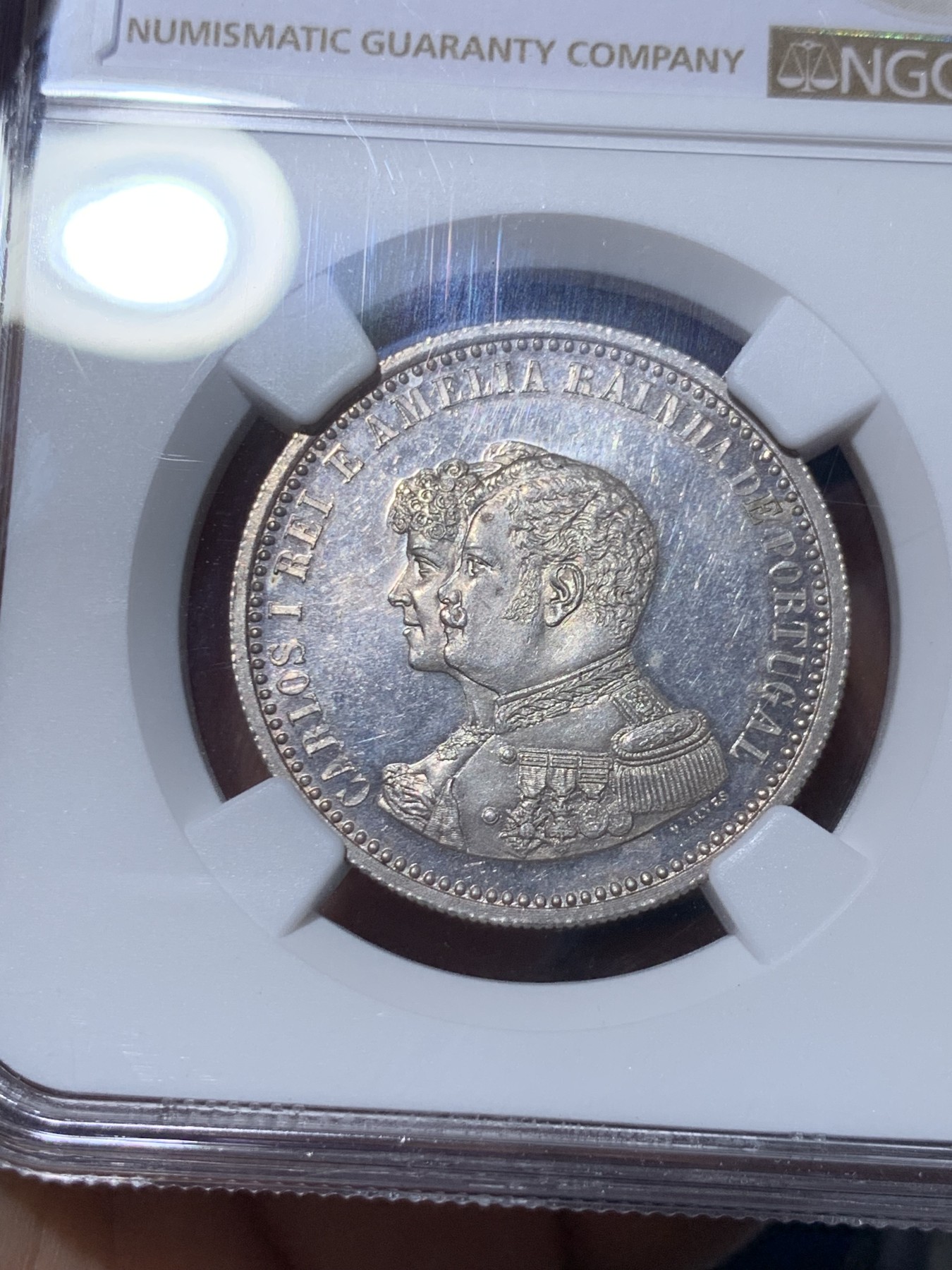 《竞宝斋》第261场-周日，周一，周二 3场连拍 (全场包邮) NGC MS63 葡萄牙 1898年 发现印度400周年 500瑞斯 银币 有点PL的感觉