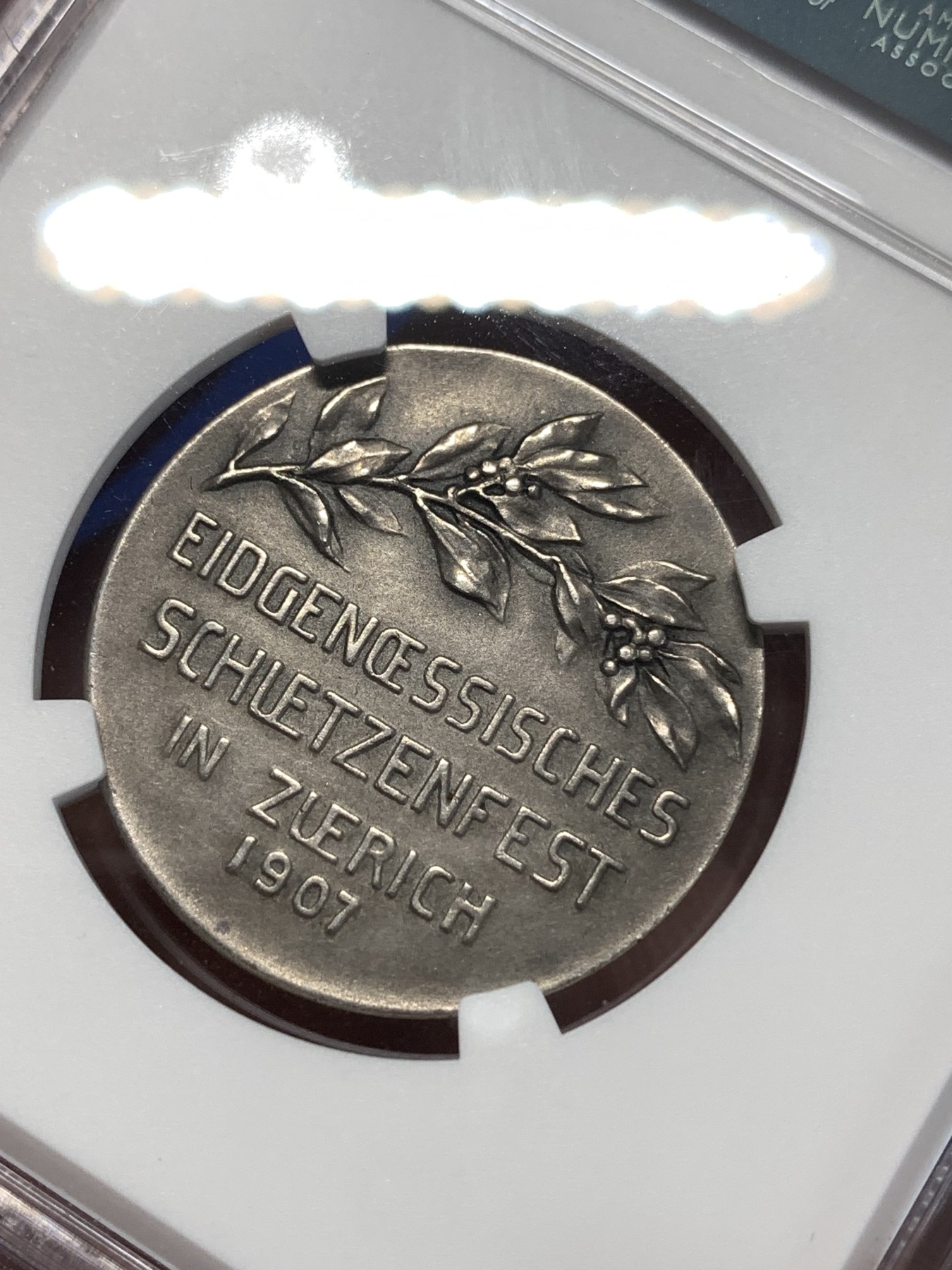 《竞宝斋》第261场-周日，周一，周二 3场连拍 (全场包邮) NGC MS62 瑞士1907年射击节银章 苏黎世射击节 正面为古典阿尔卑斯少女头像 很精致