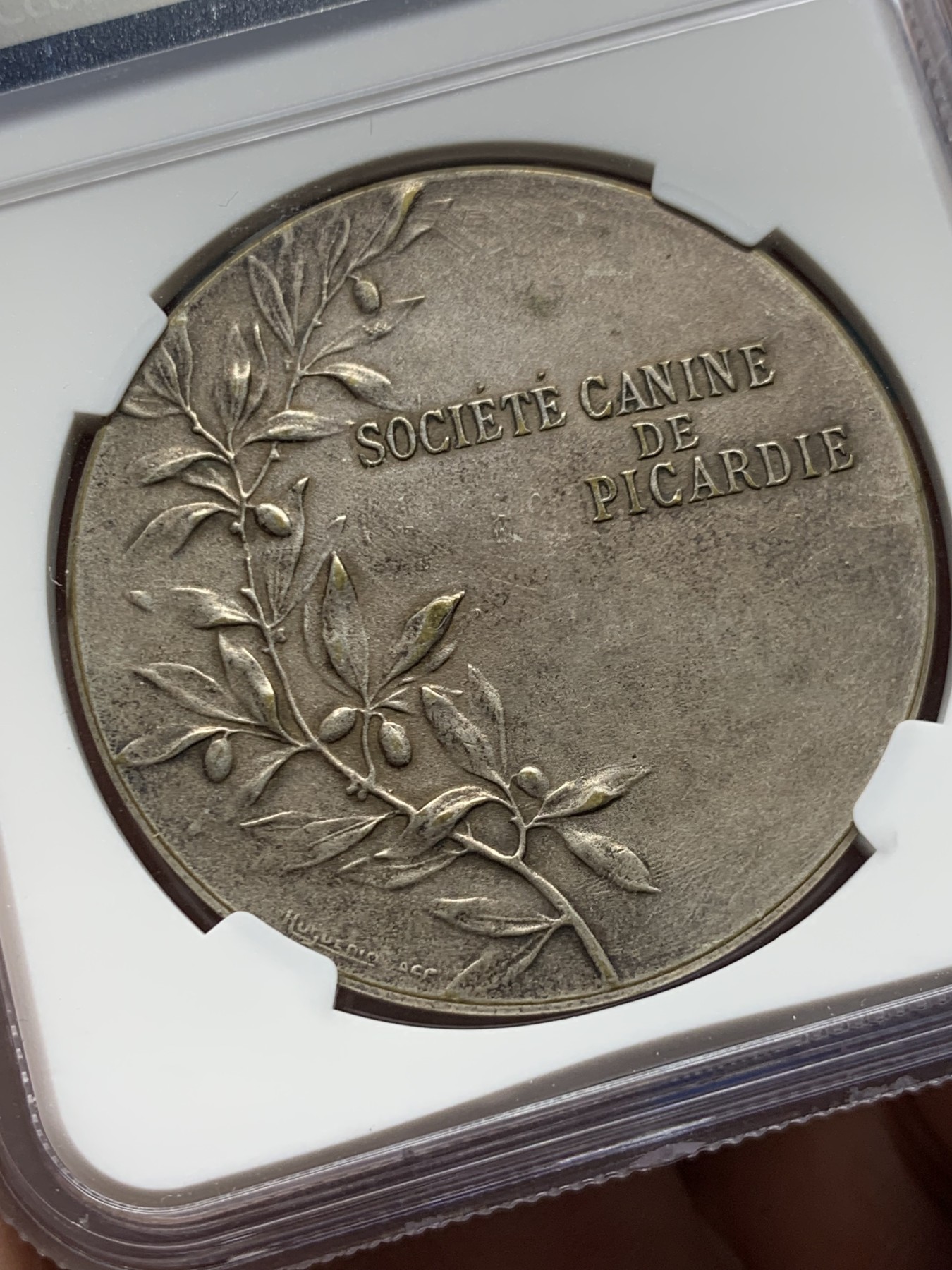 《竞宝斋》第261场-周日，周一，周二 3场连拍 (全场包邮) NGC MS63 法国20世纪初狩猎女神镀银大铜章，正面为女神阿尔忒弥斯，长发飘飘，引导猎犬，挽弓搭箭。线条凝炼优美，动感十足，立体高浮雕。