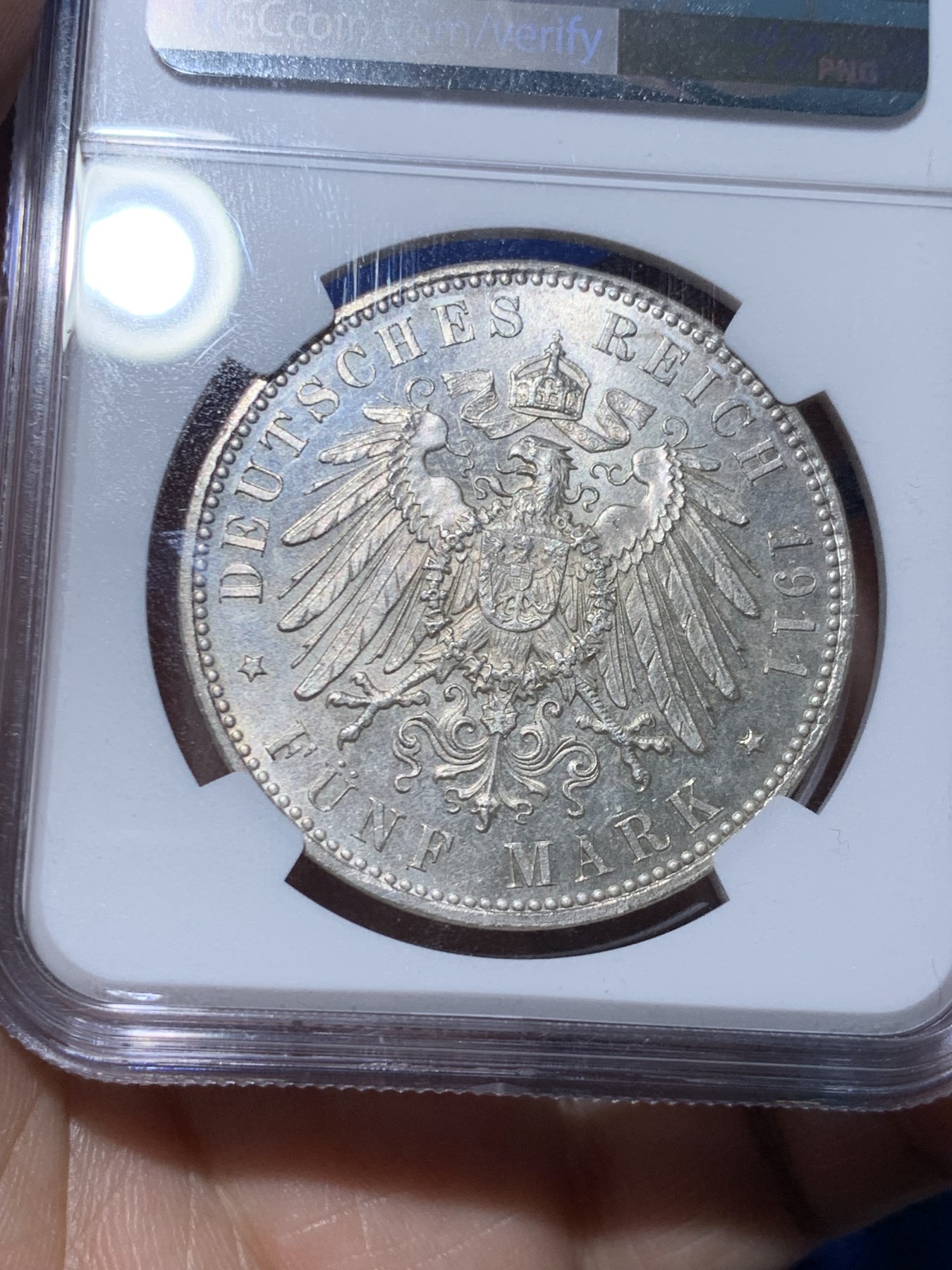 《竞宝斋》第261场-周日，周一，周二 3场连拍 (全场包邮) NGC MS63 德国1911年巴伐利亚柳奥波德5马克银币