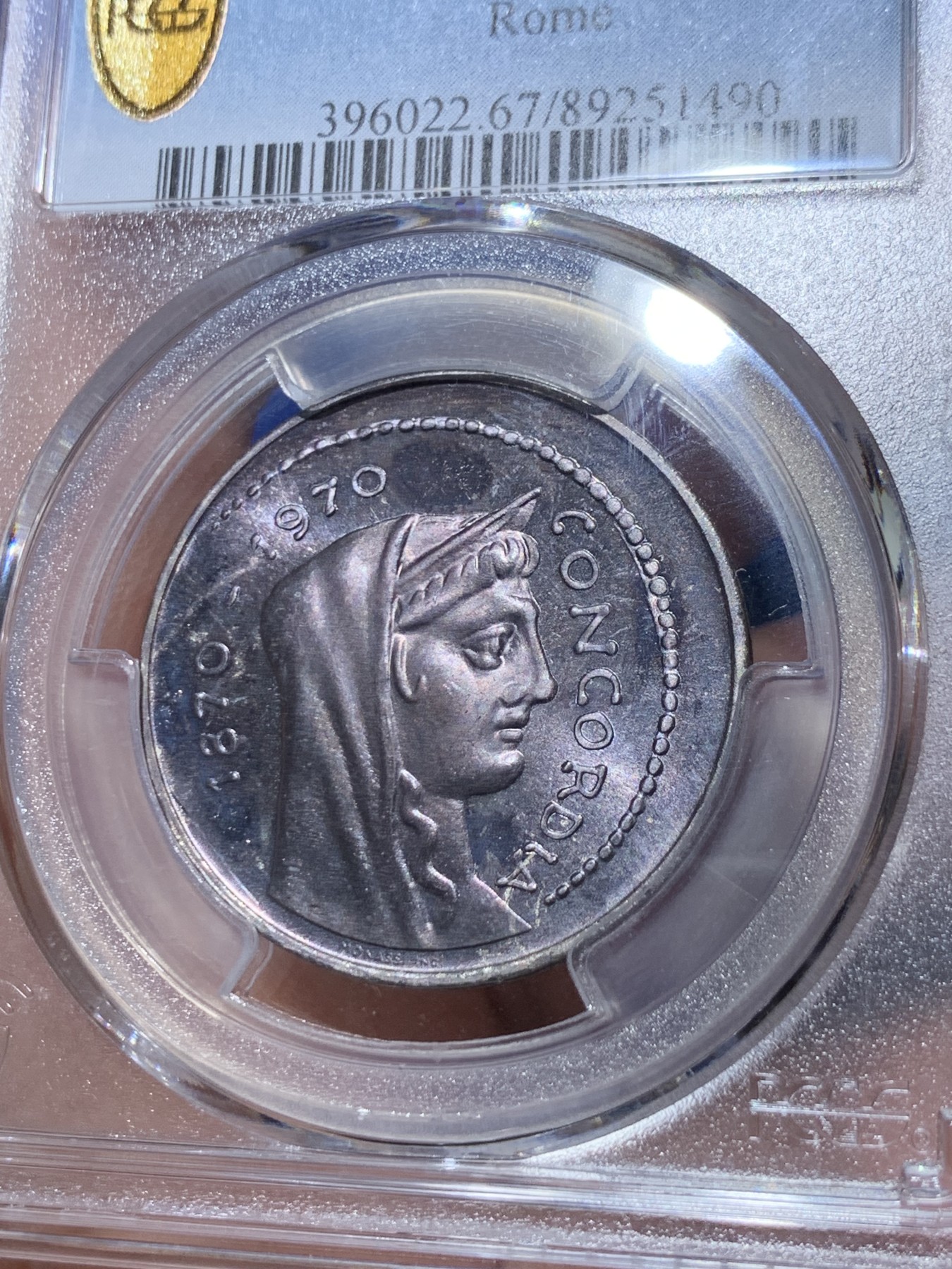 《竞宝斋》第261场-周日，周一，周二 3场连拍 (全场包邮) PCGS MS67 意大利1970年1000里拉银币，亚军分，双面深色紫罗兰包浆，难得一遇的高分包浆币