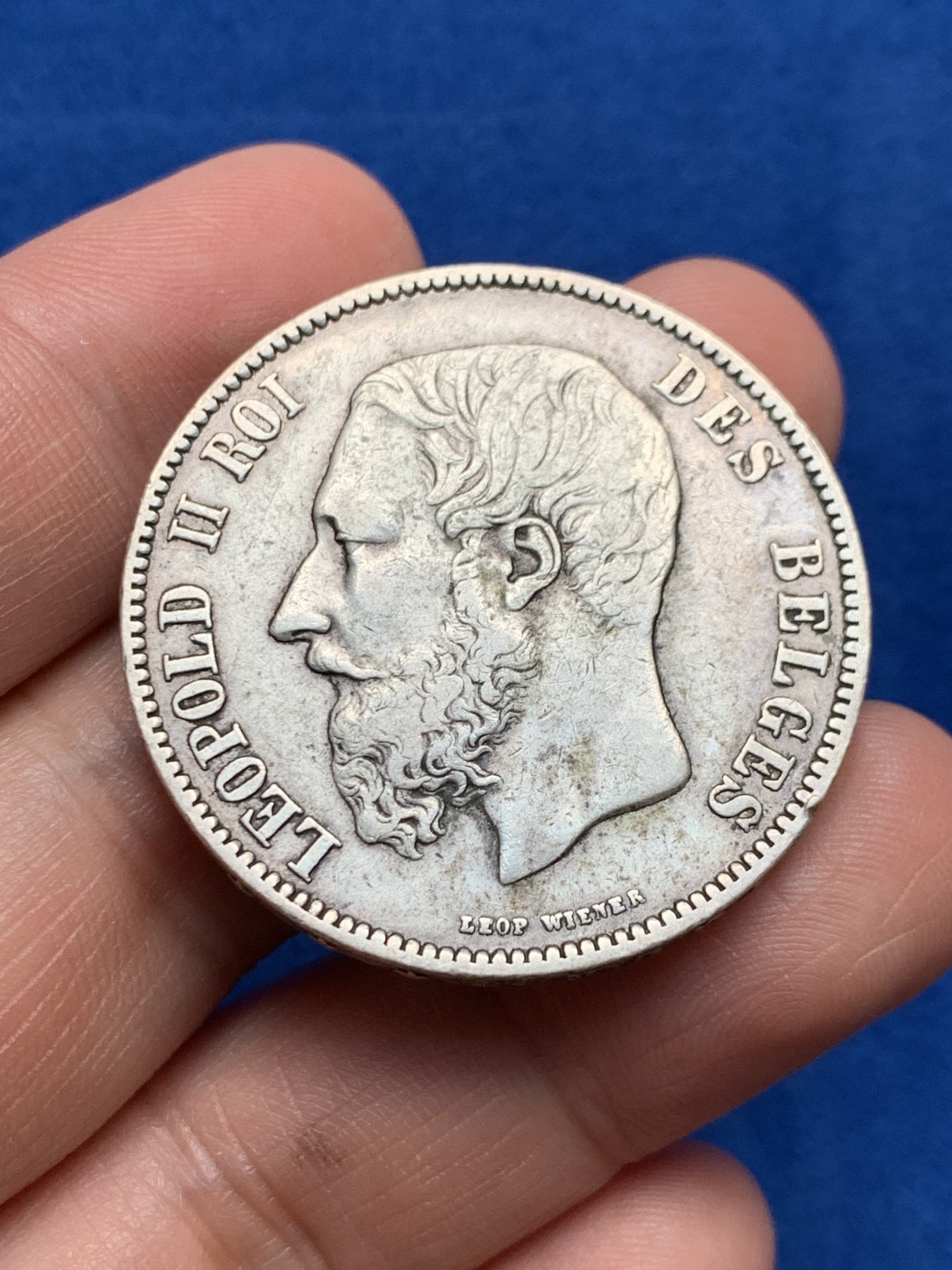 《竞宝斋》第261场-周日，周一，周二 3场连拍 (全场包邮) 比利时1874年利奥波德5法郎银币