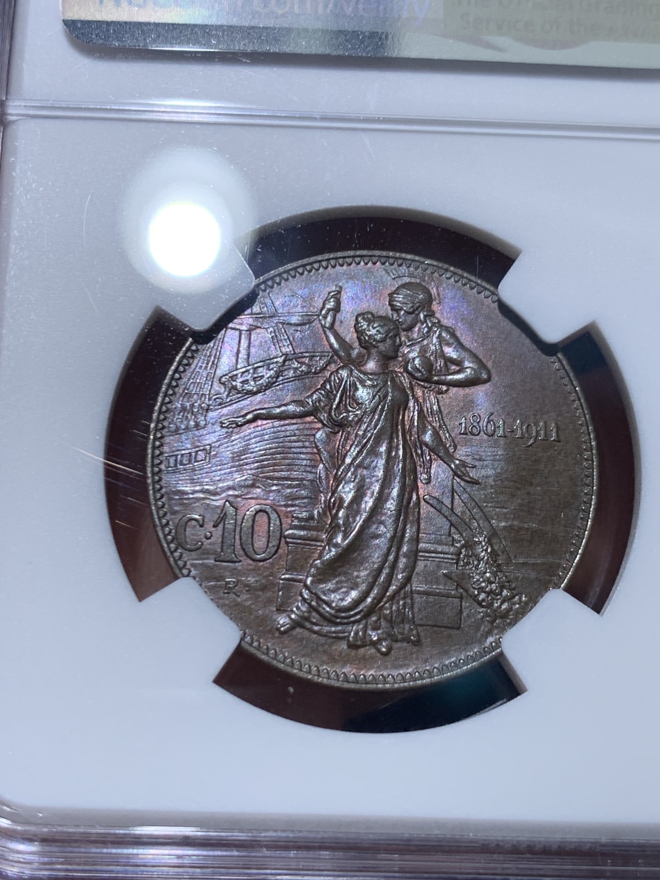 《竞宝斋》第261场-周日，周一，周二 3场连拍 (全场包邮) NGC MS64BN 意大利王国 1911年 建国50周年纪念10分铜币