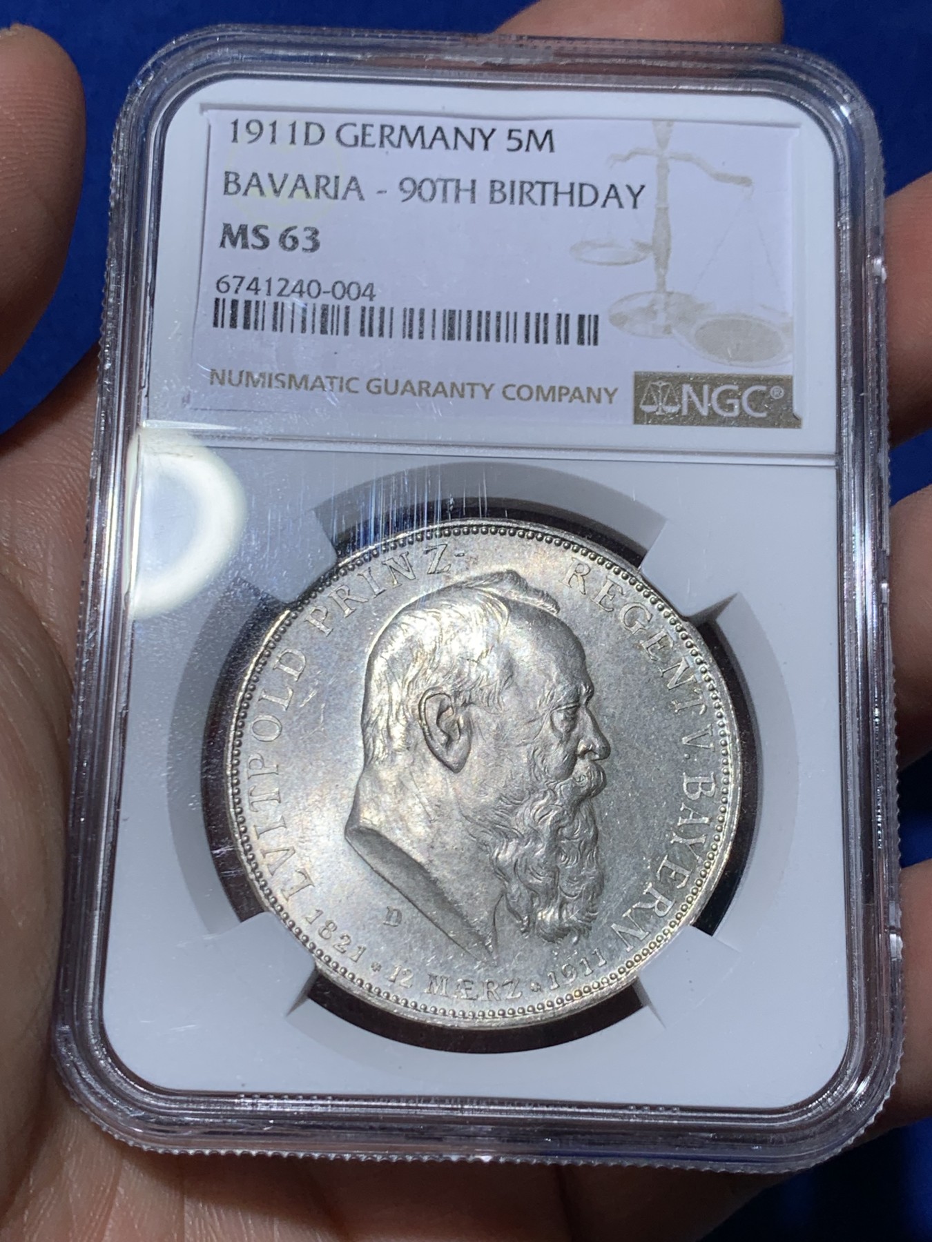 《竞宝斋》第261场-周日，周一，周二 3场连拍 (全场包邮) NGC MS63 德国1911年巴伐利亚柳奥波德5马克银币