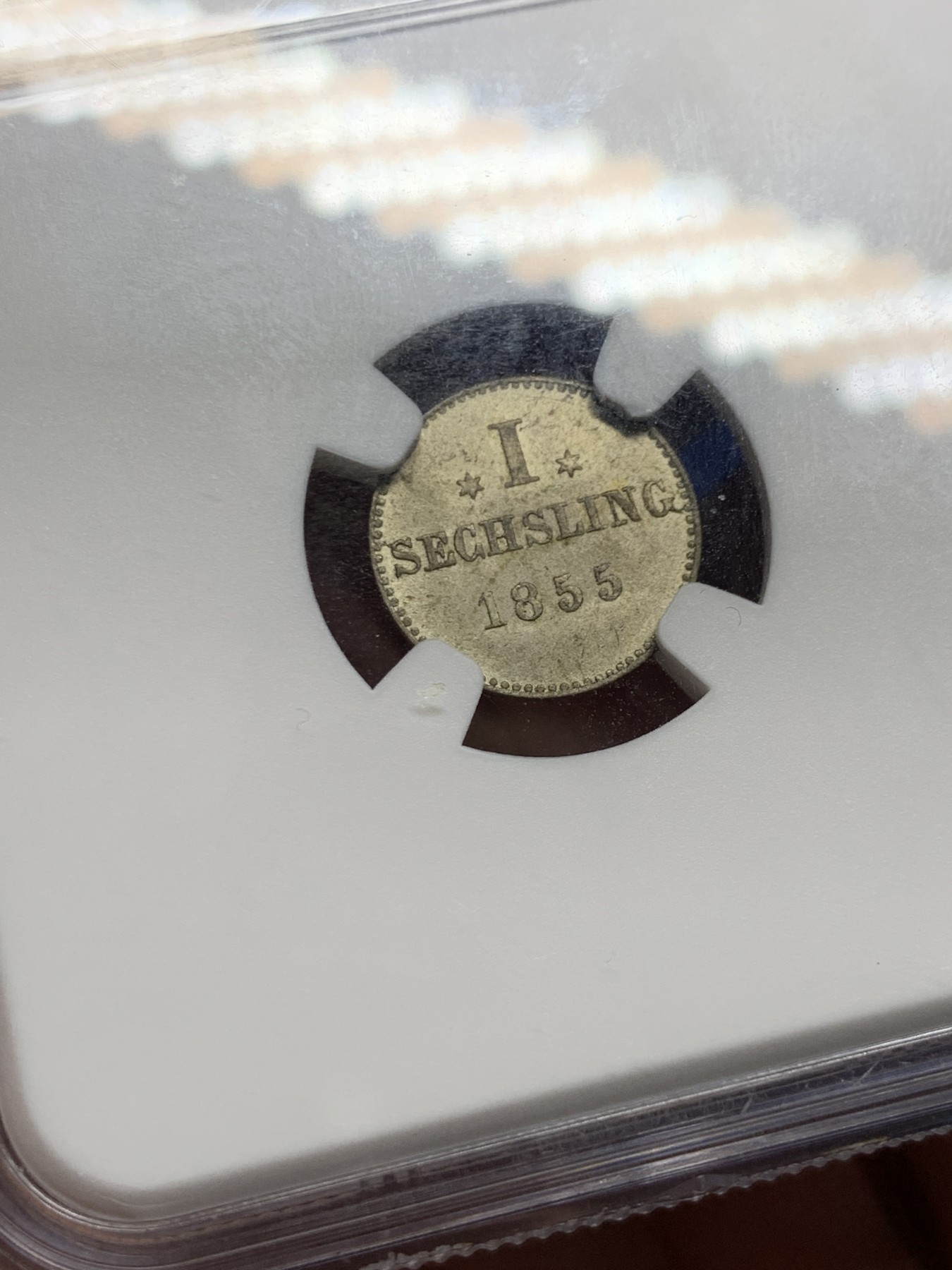 《竞宝斋》第261场-周日，周一，周二 3场连拍 (全场包邮) NGC MS65 德国 1855年 汉堡 1S 城堡先令 银币 黄油彩 高分 细节很好 更高分仅三枚