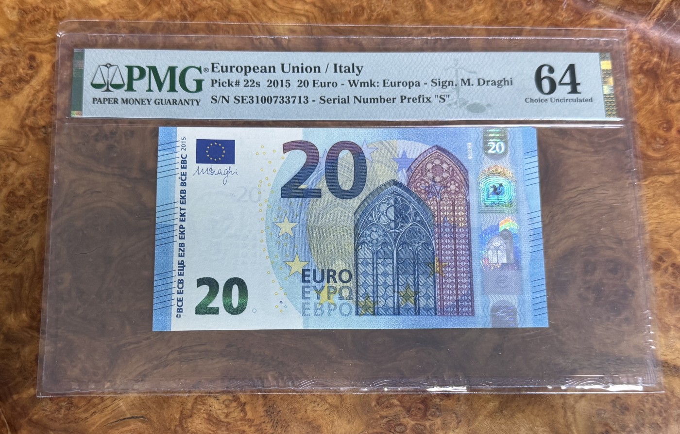 Chase Auction 第28期 - - 外钞、民国钞和人民币混合场！ 2015年意大利20欧元，PMG64！