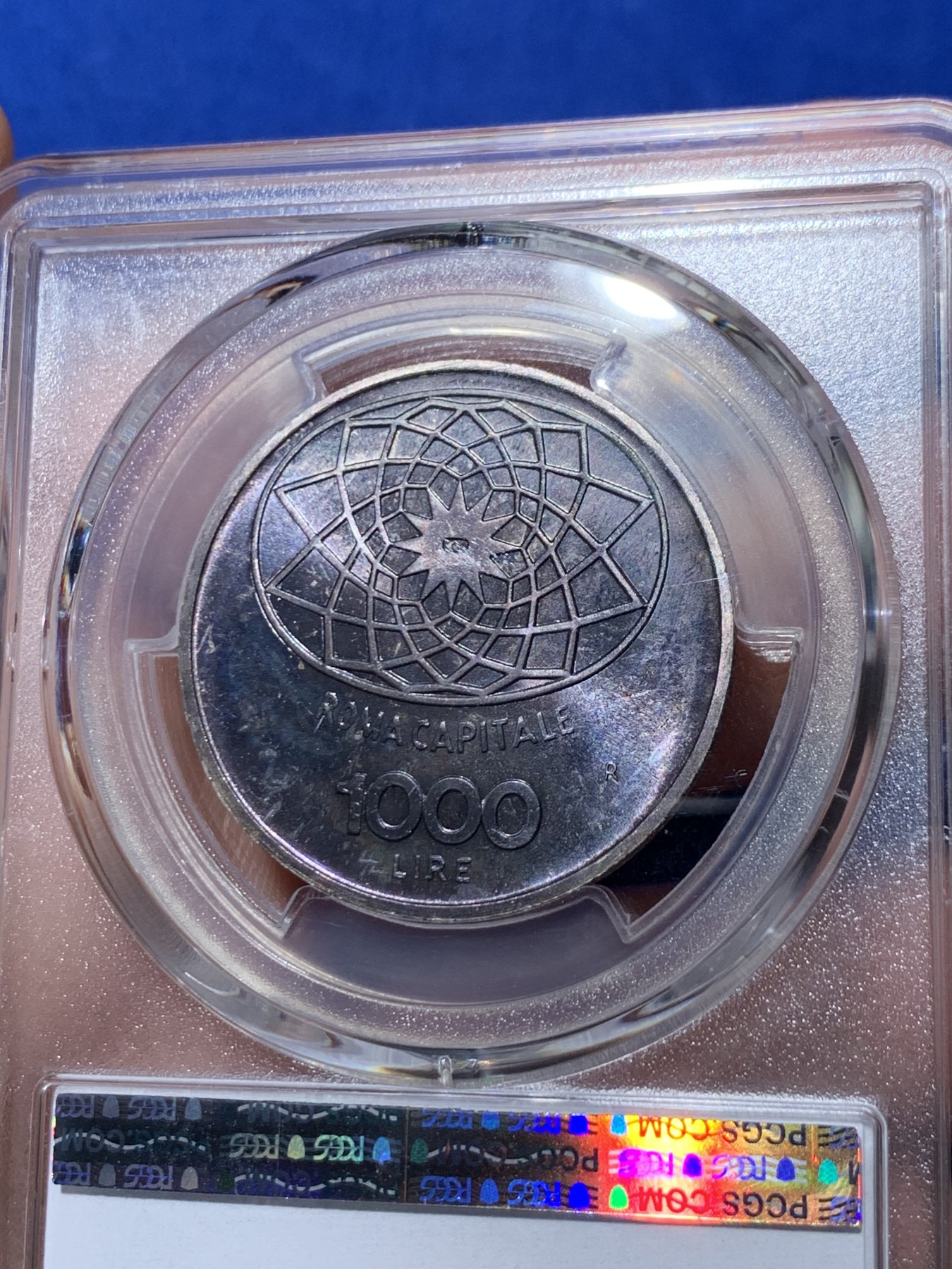《竞宝斋》第261场-周日，周一，周二 3场连拍 (全场包邮) PCGS MS67 意大利1970年1000里拉银币，亚军分，双面深色紫罗兰包浆，难得一遇的高分包浆币