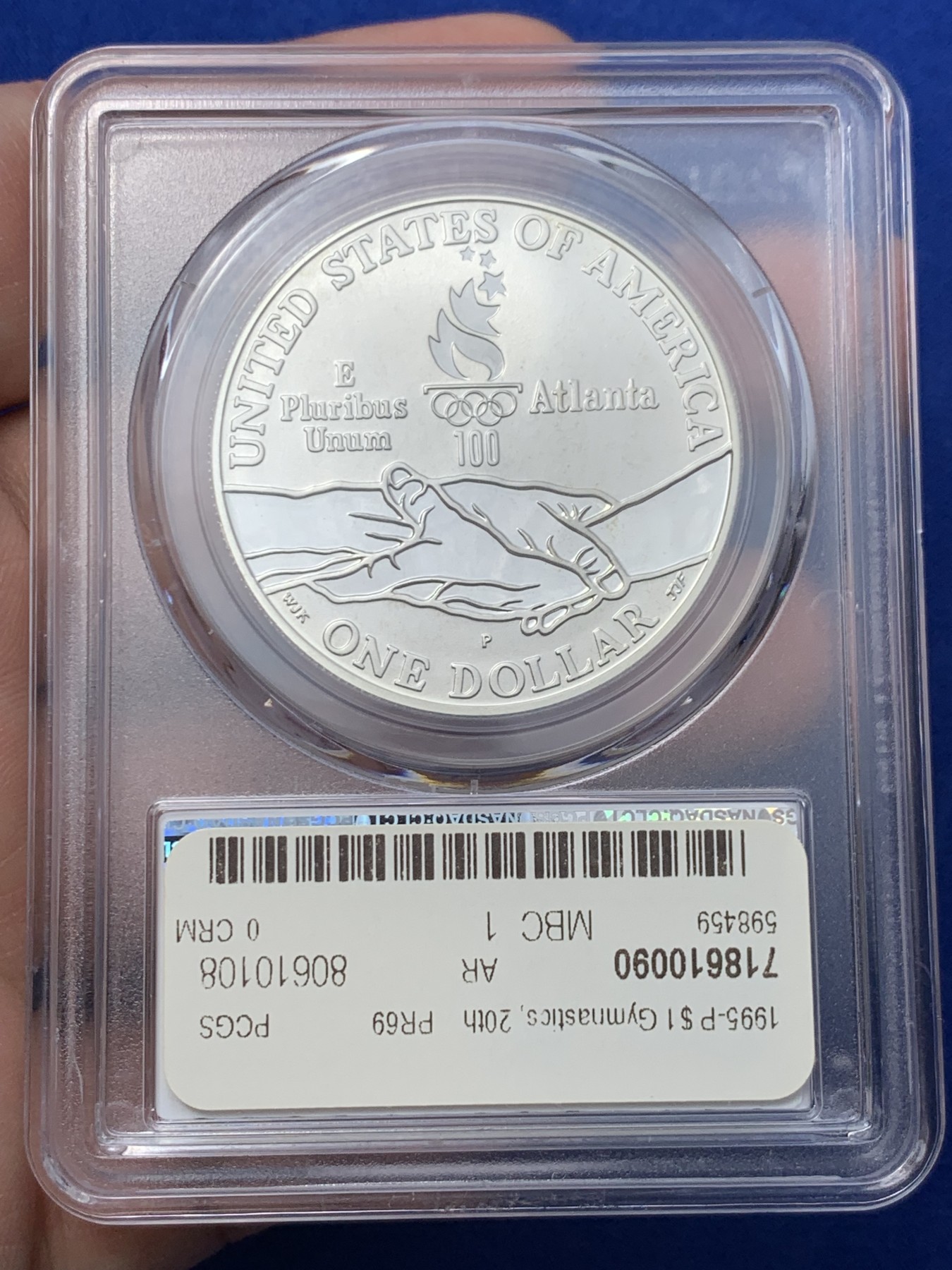 《竞宝斋》第261场-周日，周一，周二 3场连拍 (全场包邮) PCGS PF69DC 美国1995年P版奥运体操1美元精制大银币