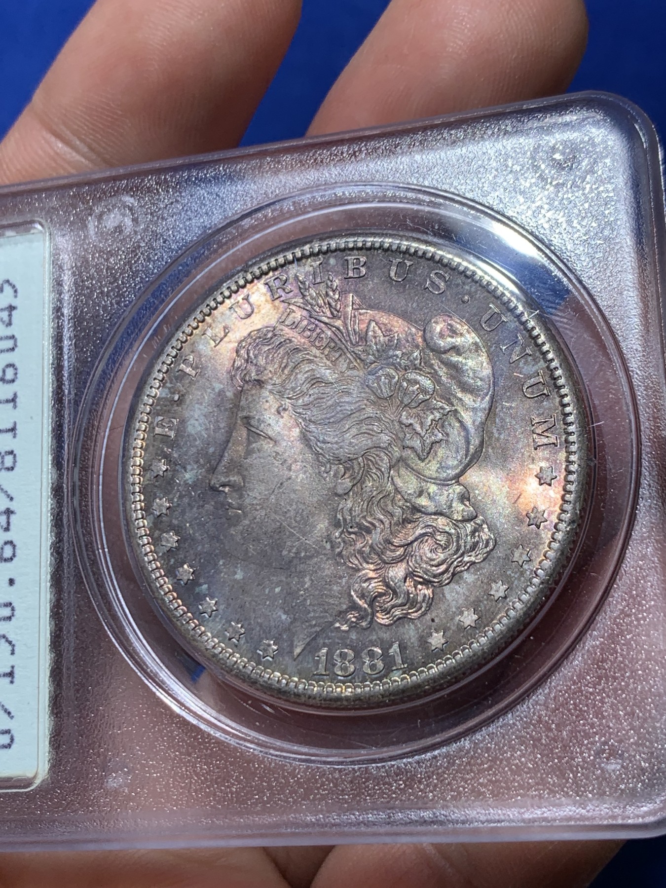 《竞宝斋》第261场-周日，周一，周二 3场连拍 (全场包邮) PCGS MS64 美国 1881年 摩根一美元 rattler 一代盒 正面红紫色包浆 低评状态 背面盒子有小划