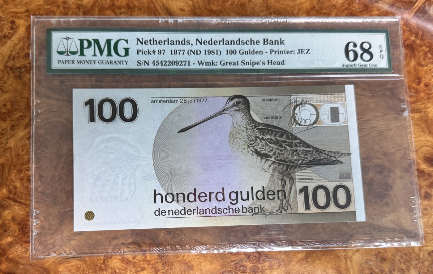 Chase Auction 第28期 - - 外钞、民国钞和人民币混合场！ 1981年荷兰100盾，PMG68！