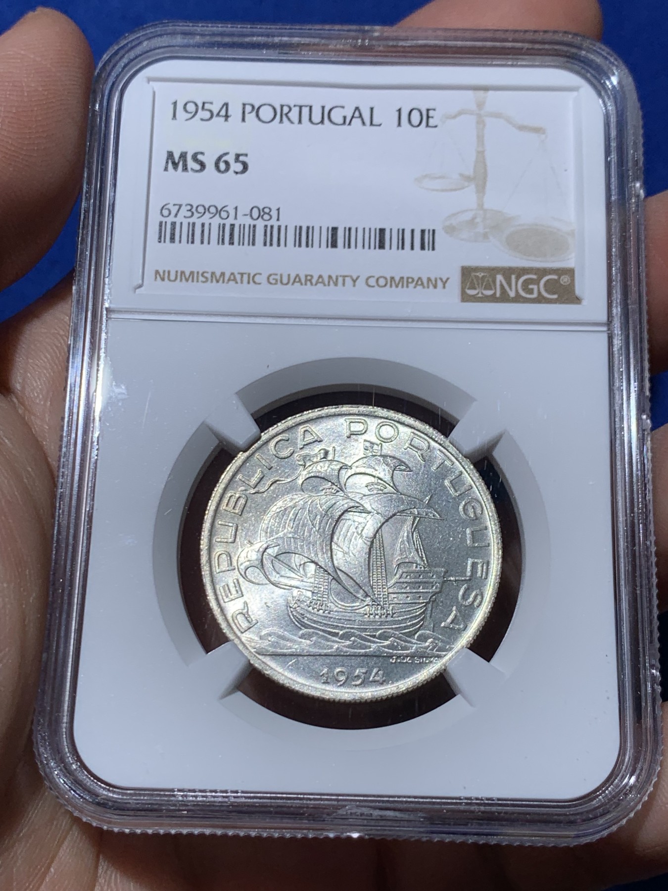 《竞宝斋》第261场-周日，周一，周二 3场连拍 (全场包邮) NGC MS65 葡萄牙1954年大帆船10埃斯库多银币