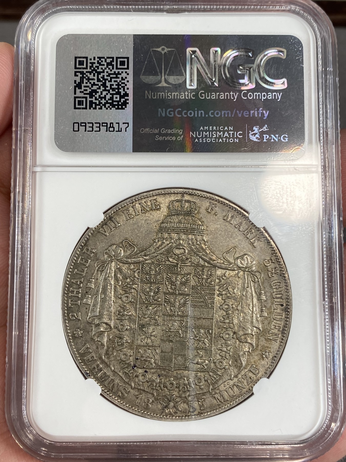 万国钱币拍卖第024期（诸神之战） NGC MS62 1855年德国普鲁士威廉四世大窗帘流通2泰勒 经典品种洋葱头 原味的淡彩加持