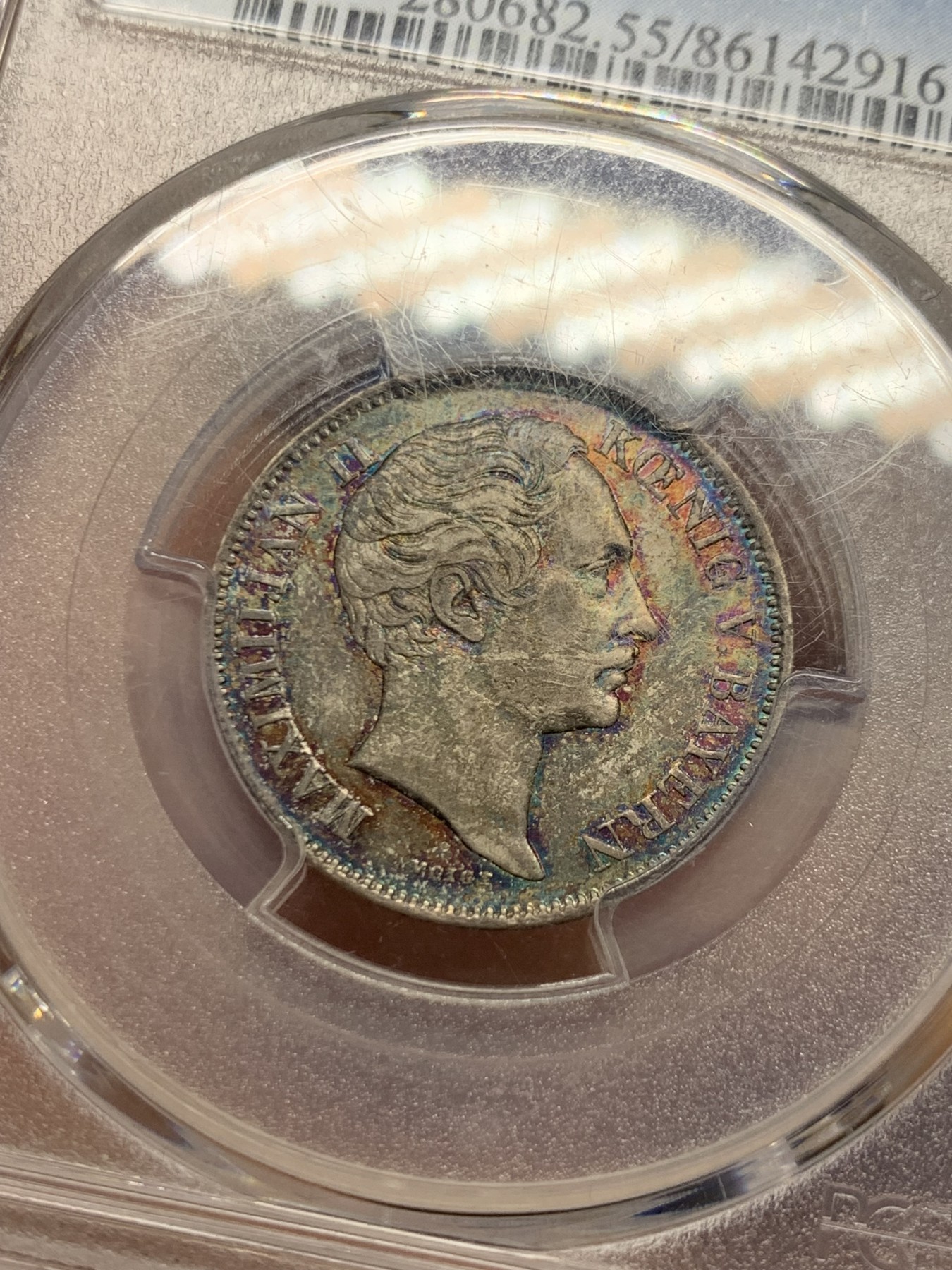 《竞宝斋》第261场-周日，周一，周二 3场连拍 (全场包邮) PCGS AU55 德国巴伐利亚 1861年 1/2古尔登 银币 正面五彩包浆反面黑包浆