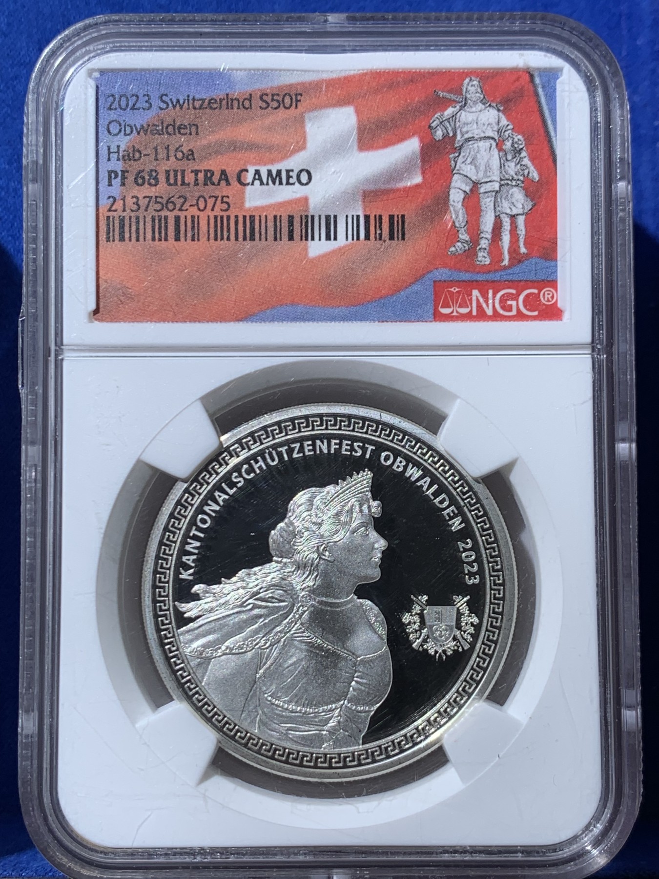《竞宝斋》第261场-周日，周一，周二 3场连拍 (全场包邮) NGC PF68UC 瑞士2023年奥布瓦尔登射击节 吉斯维尔女神 50法郎精制币 限量1000枚 裸币1500+