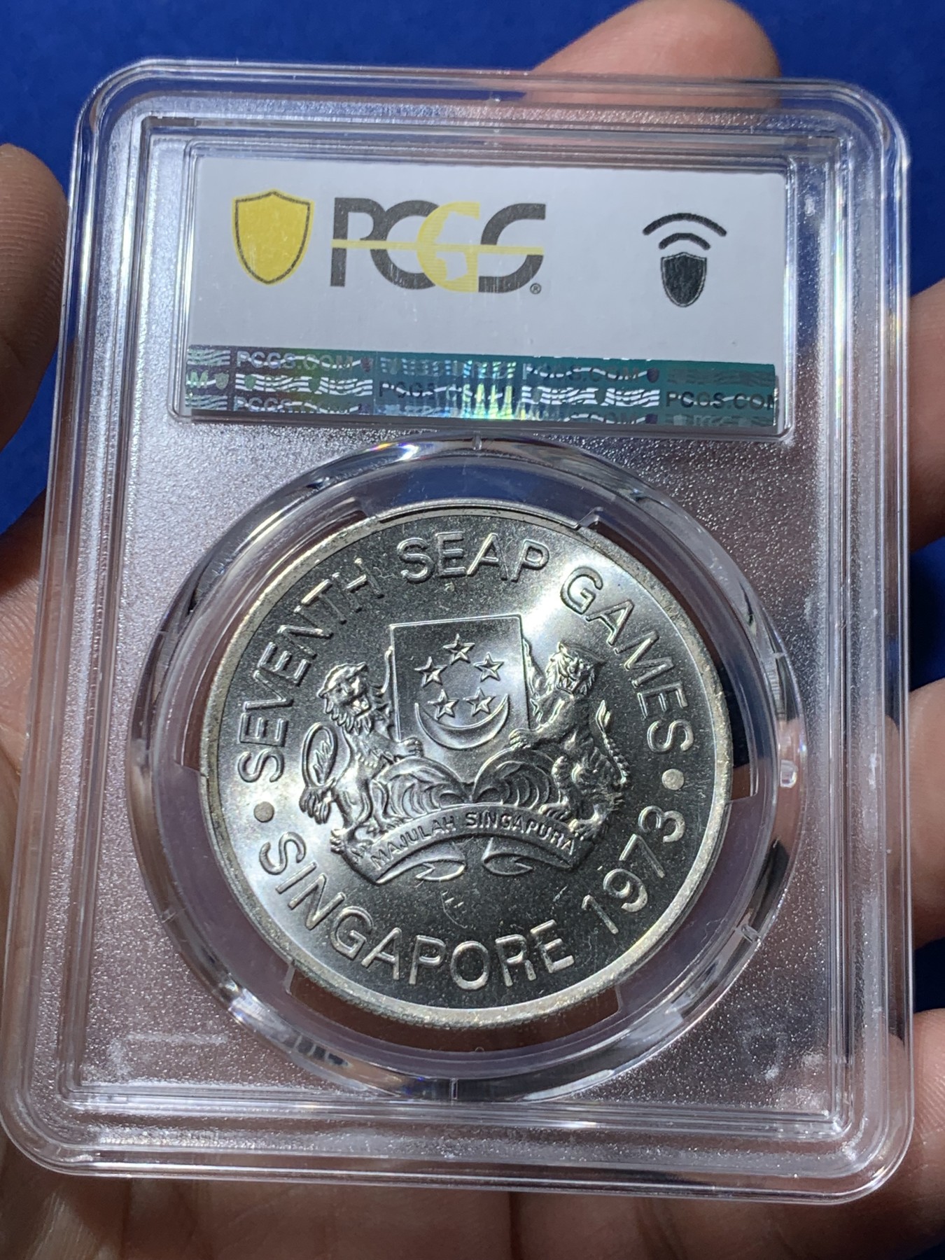 《竞宝斋》第261场-周日，周一，周二 3场连拍 (全场包邮) PCGS MS66 新加坡 1973年 东南亚运动会5刀银币