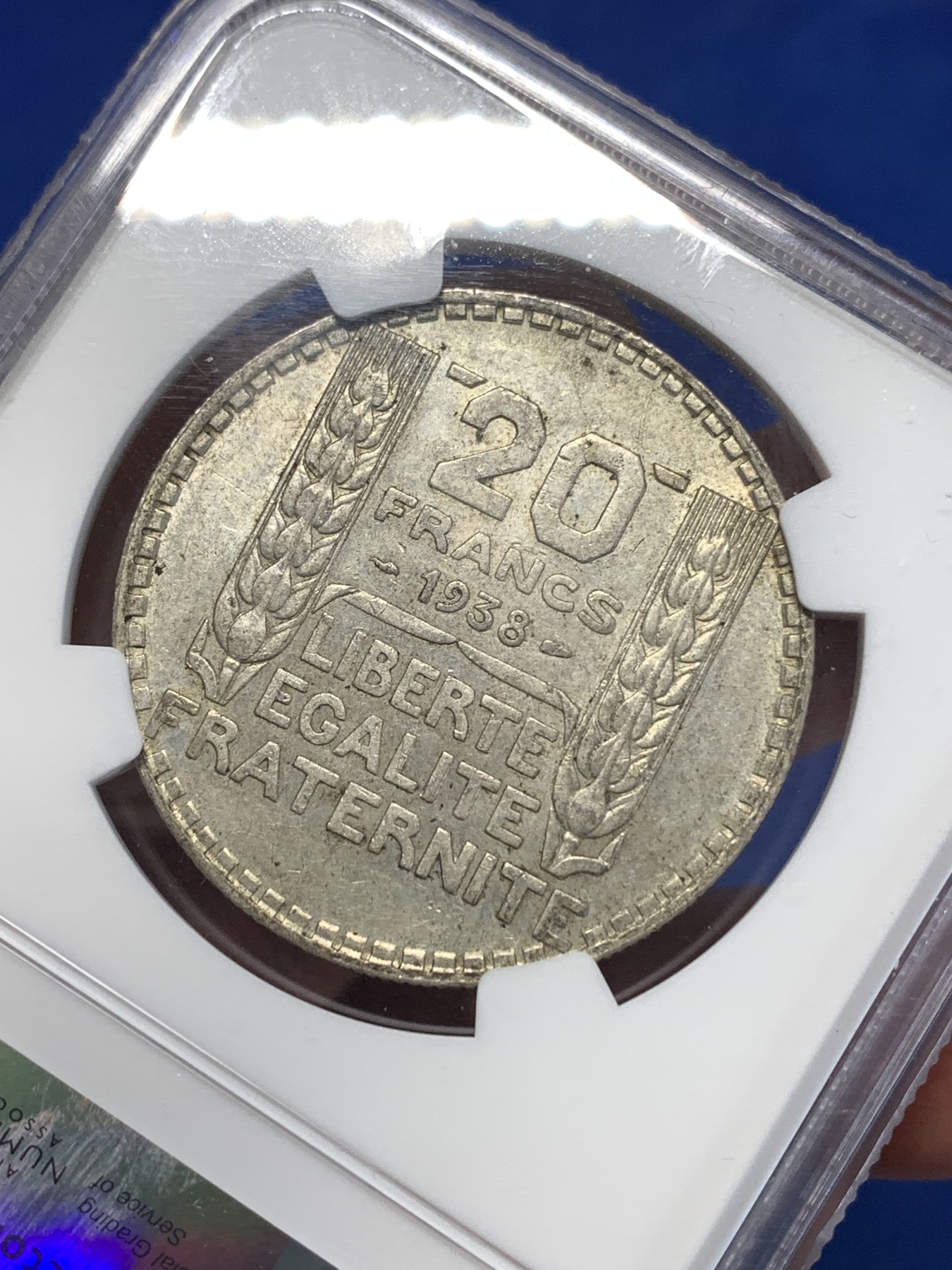 《竞宝斋》第261场-周日，周一，周二 3场连拍 (全场包邮) NGC AU55 法国1938年谷物女神20法郎银币