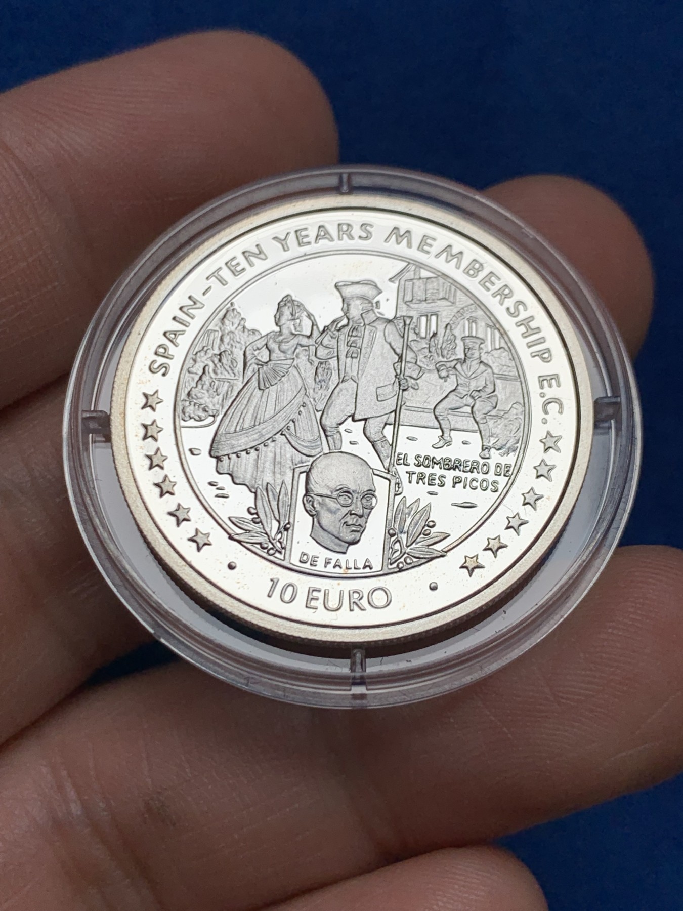 《竞宝斋》第261场-周日，周一，周二 3场连拍 (全场包邮) 马恩岛1996年西班牙加入欧盟10周年10欧元精制纪念银币