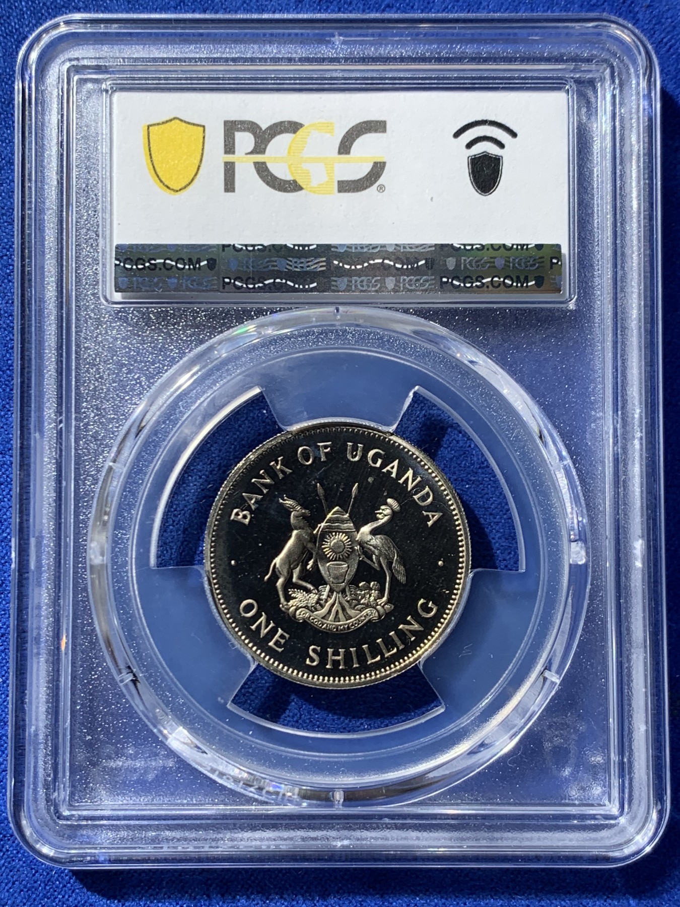 《竞宝斋》第261场-周日，周一，周二 3场连拍 (全场包邮) PCGS金盾 PR67DCAM 乌干达国鸟灰冕鹤与东非大草原1966年1先令精制镍币